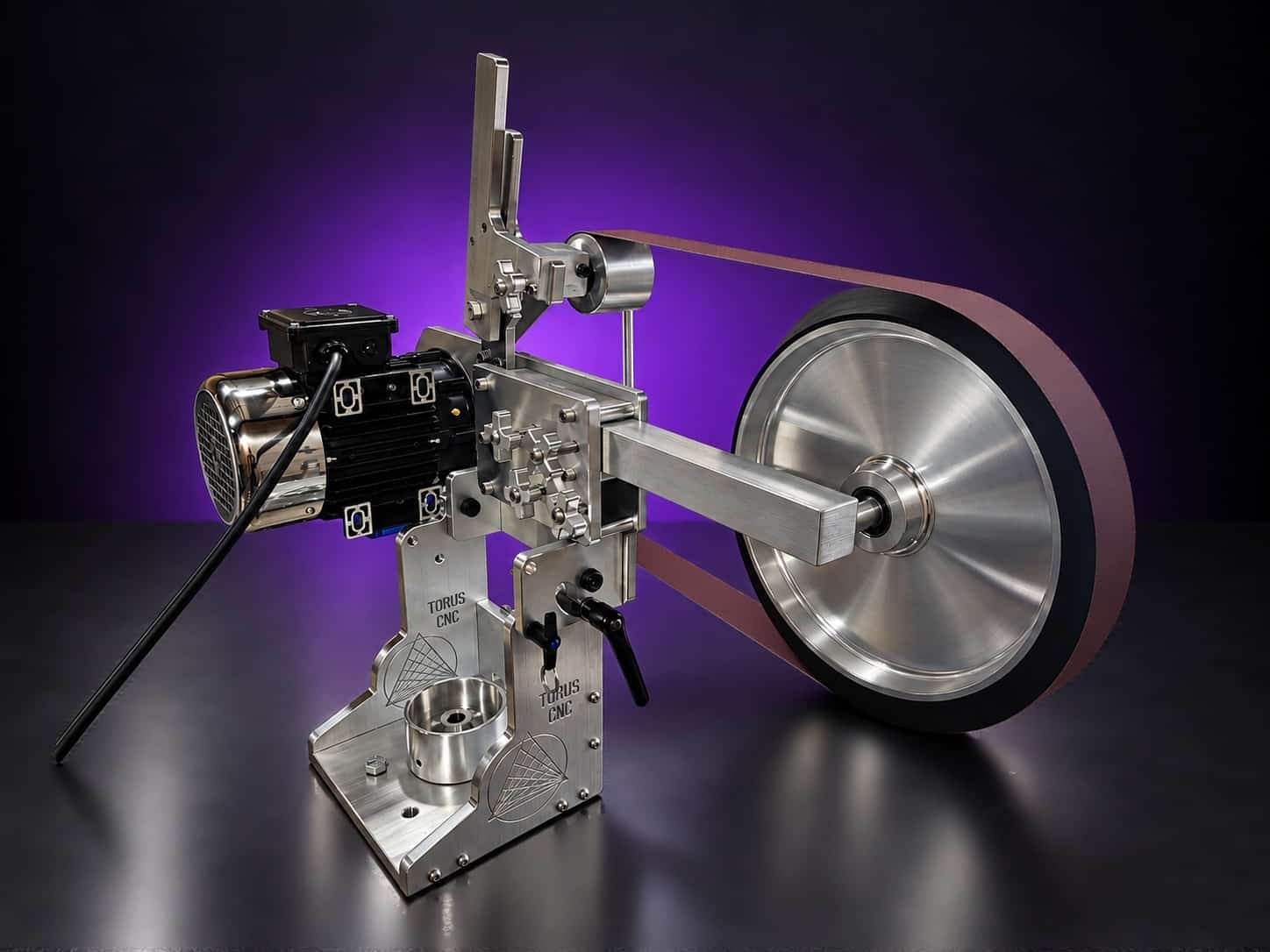Grinder with a large aluminum contact wheel on a square tool arm, belt on, black motor behind, on black with a purple glow