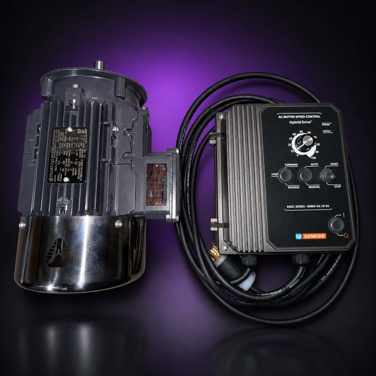 Techtop motor and KB Genesis KBAC variable-speed drive with its power cord, top-down view, on black with a purple glow
