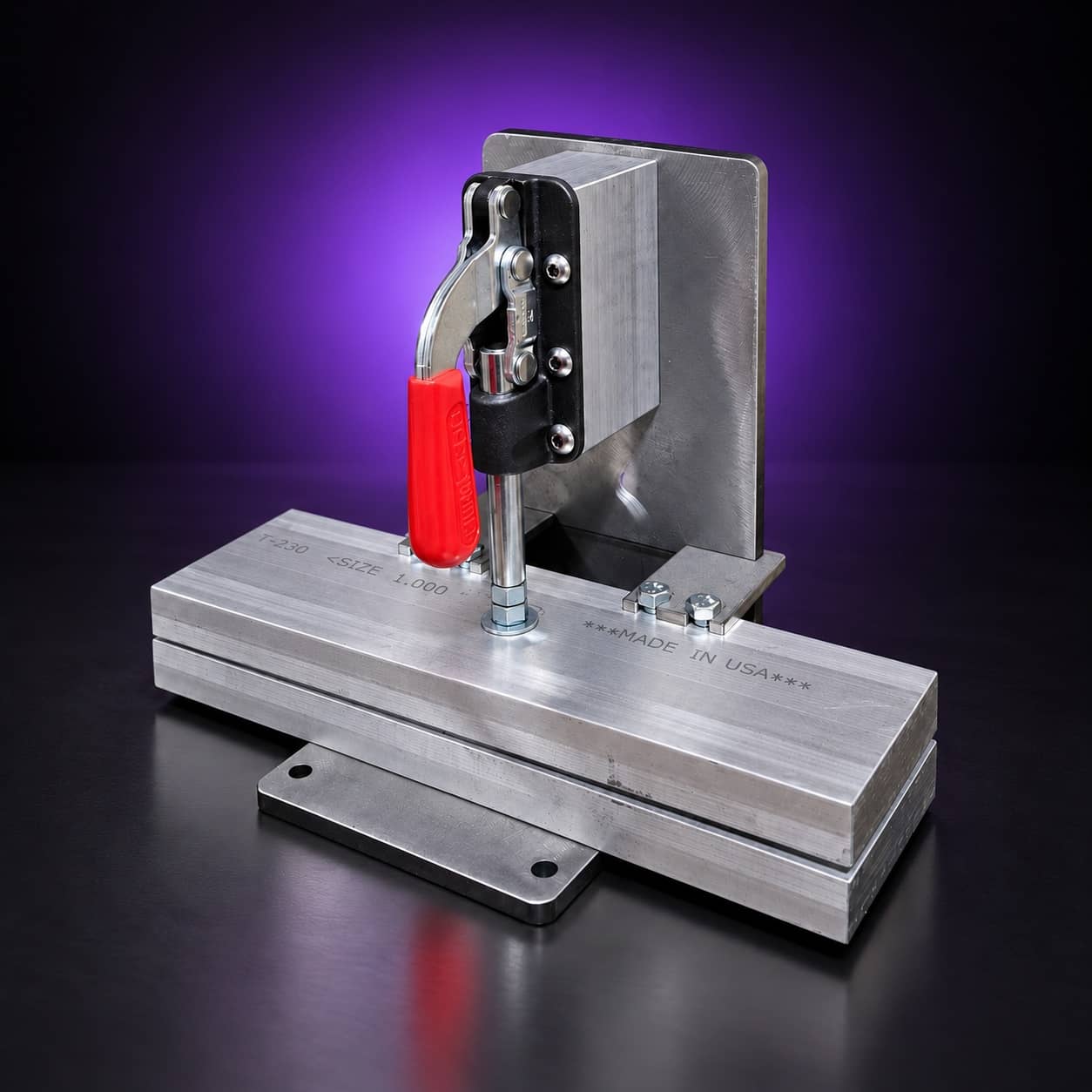 Quench vise with the red toggle clamp lowered (closed) on the aluminum plates, front view, on black with a purple glow