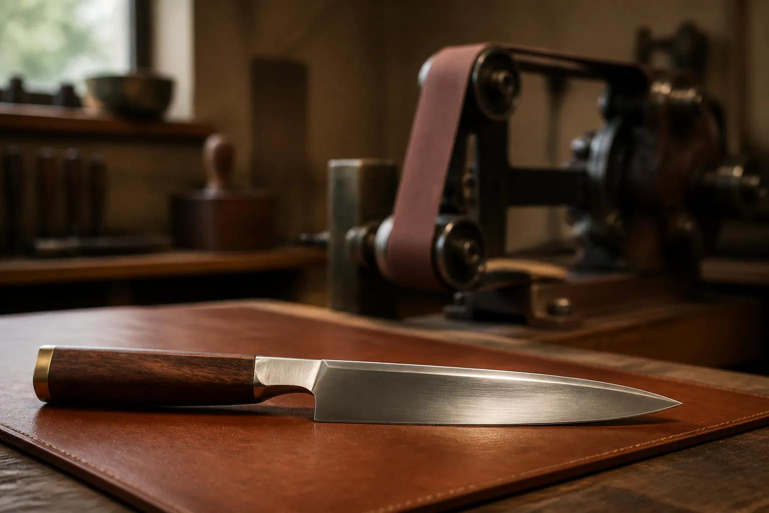 Finished chef knife with a wood and brass handle on a leather mat, belt grinder behind.