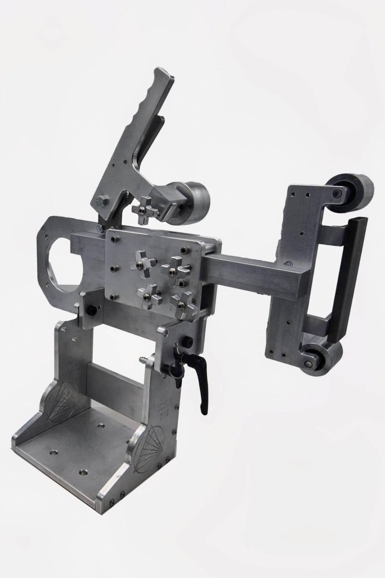 Torus CNC belt grinder arm with idler wheel, large mounting plate cutout, and cross-knob adjusters