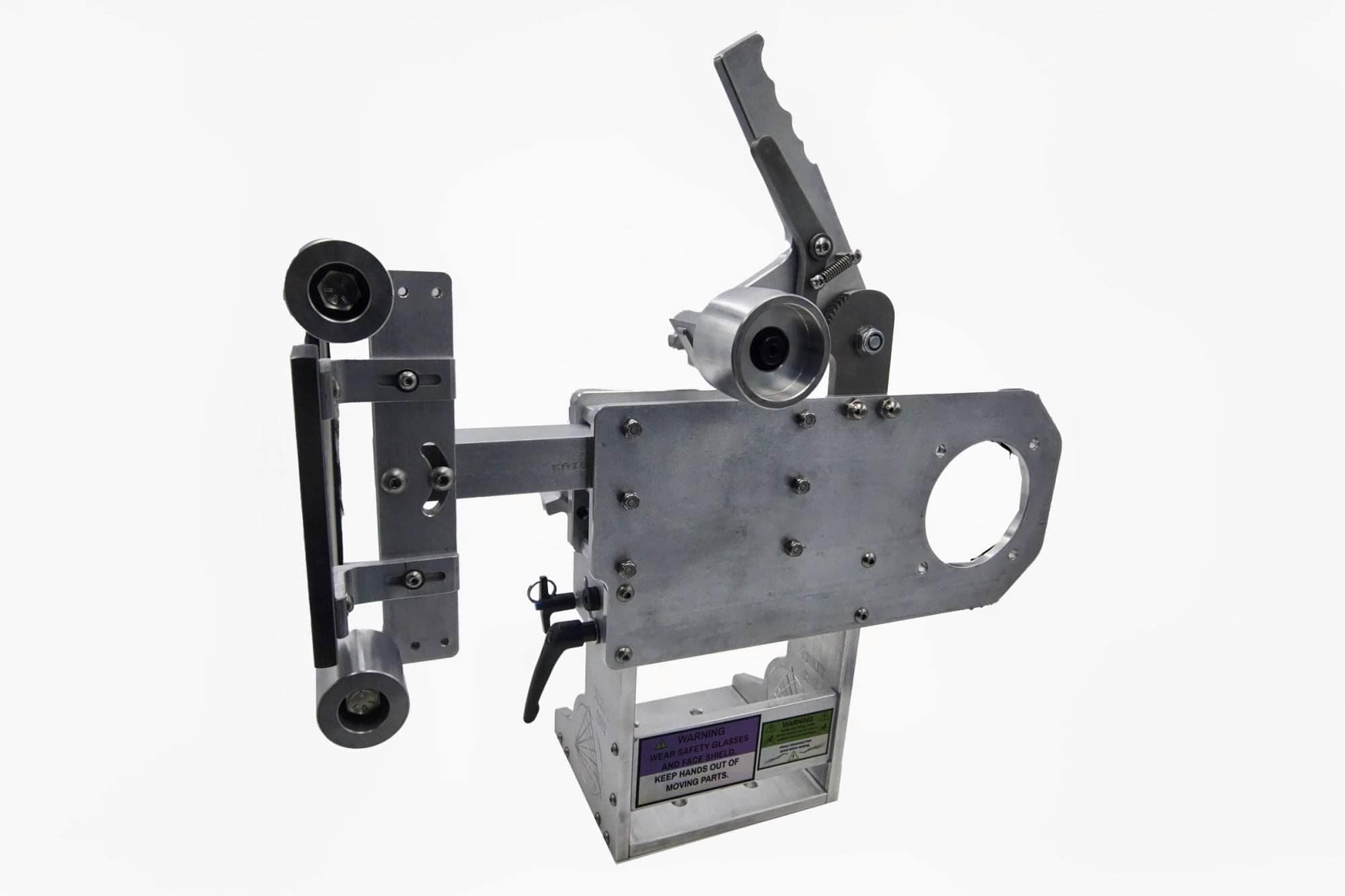 Torus CNC tooling arm with dual tracking wheels and cross-knob tension adjusters mounted upright