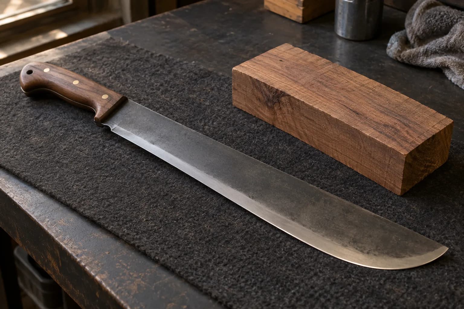Cold carbon-steel machete with a pinned walnut handle lying on a charcoal felt pad beside a rough hardwood block.