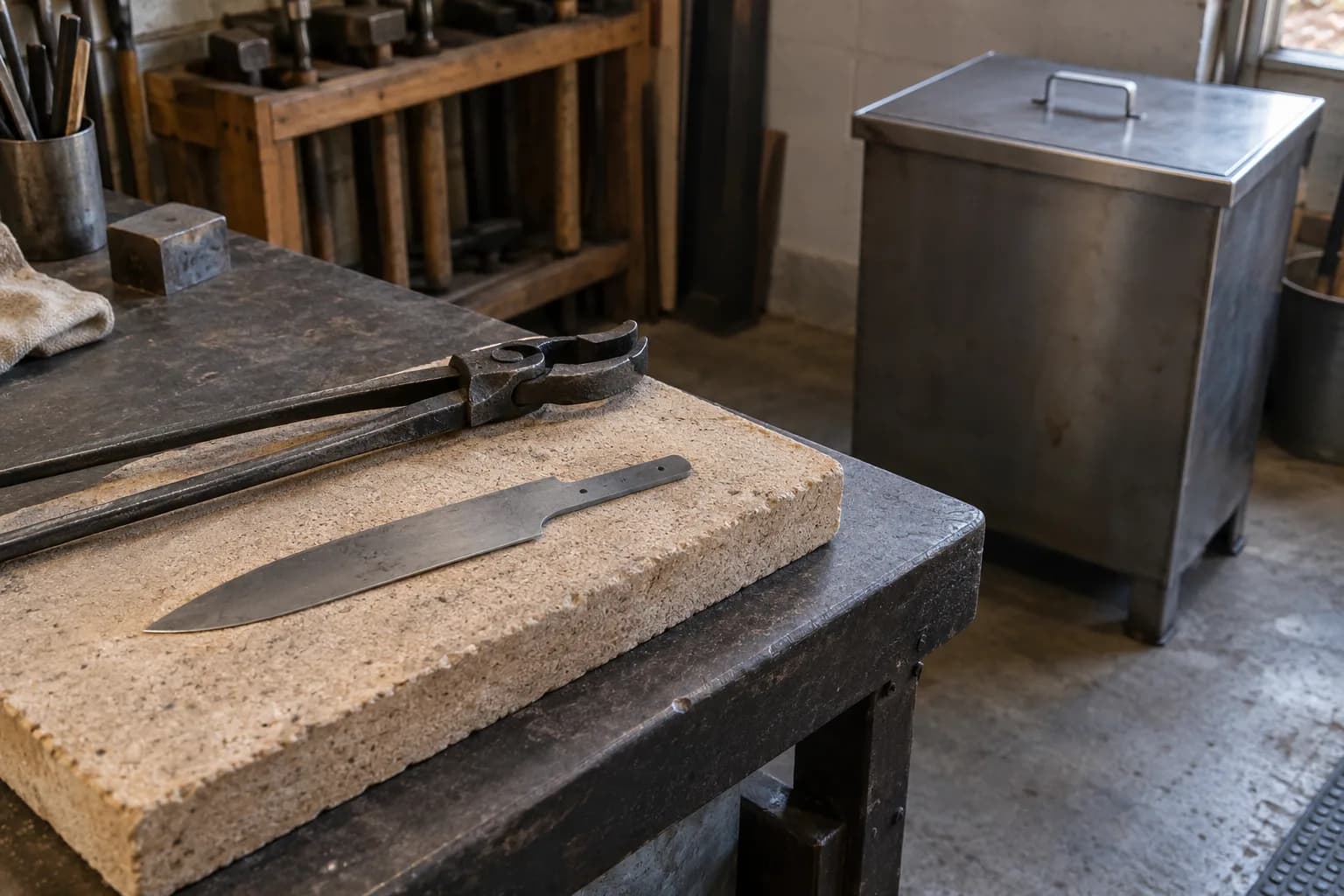Cold knife blank on a firebrick beside long tongs, with a closed steel quench tank standing on the shop floor behind.