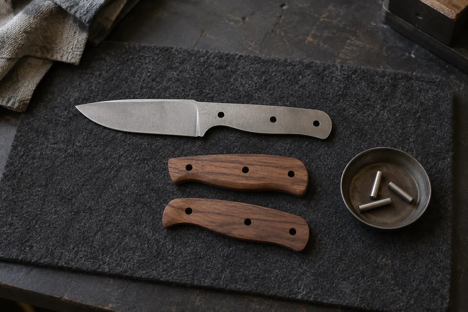 Drop-point knife blank with three pin holes, two walnut handle scales and three steel pins in a dish on a felt mat.