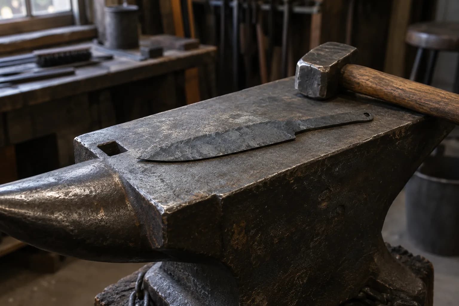 Dark hammer-textured knife blank lying flat on a worn anvil face beside a resting forging hammer, horn at left.