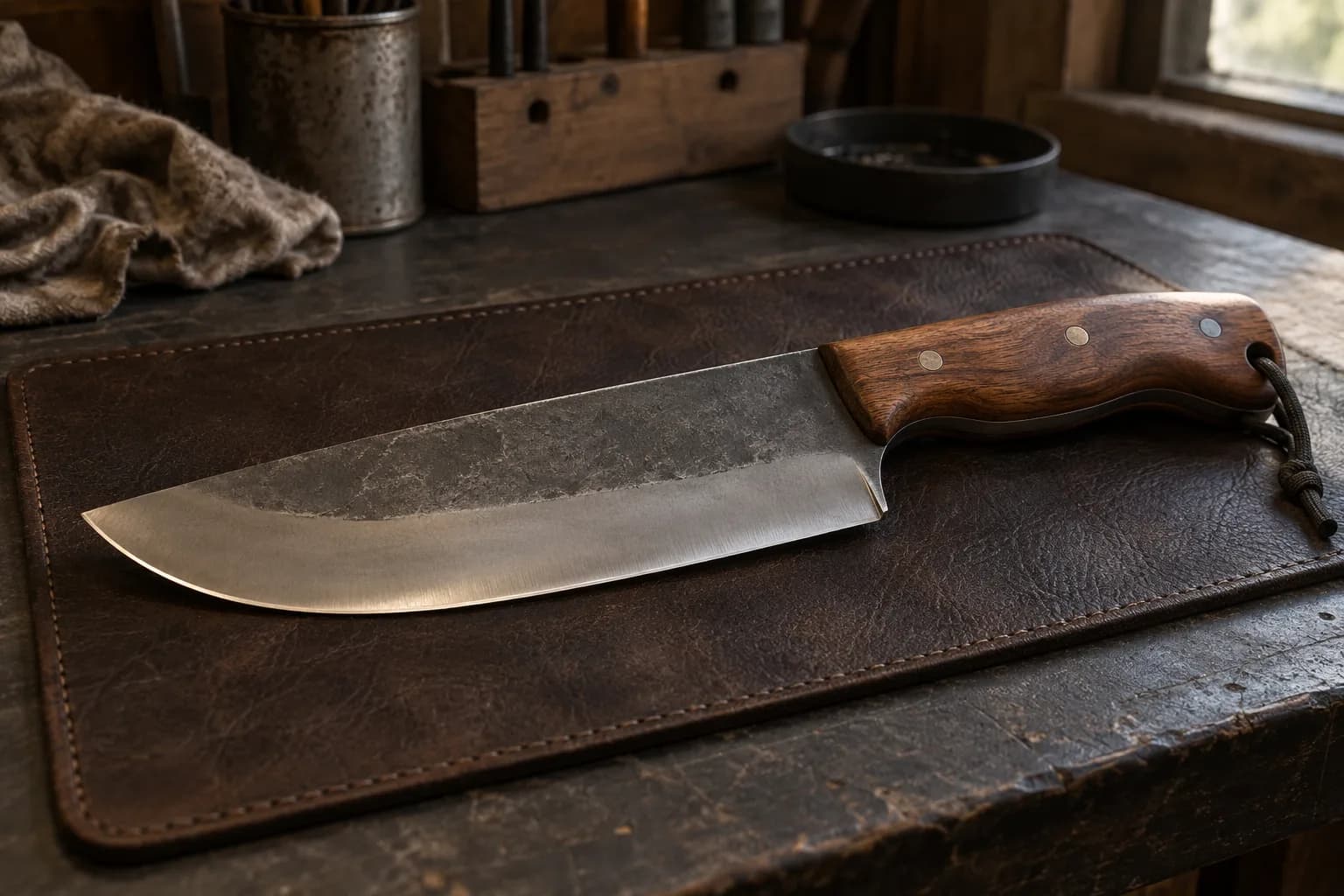 Broad camp chopper with a pinned walnut handle lying flat on a stitched dark leather mat on a worn bench