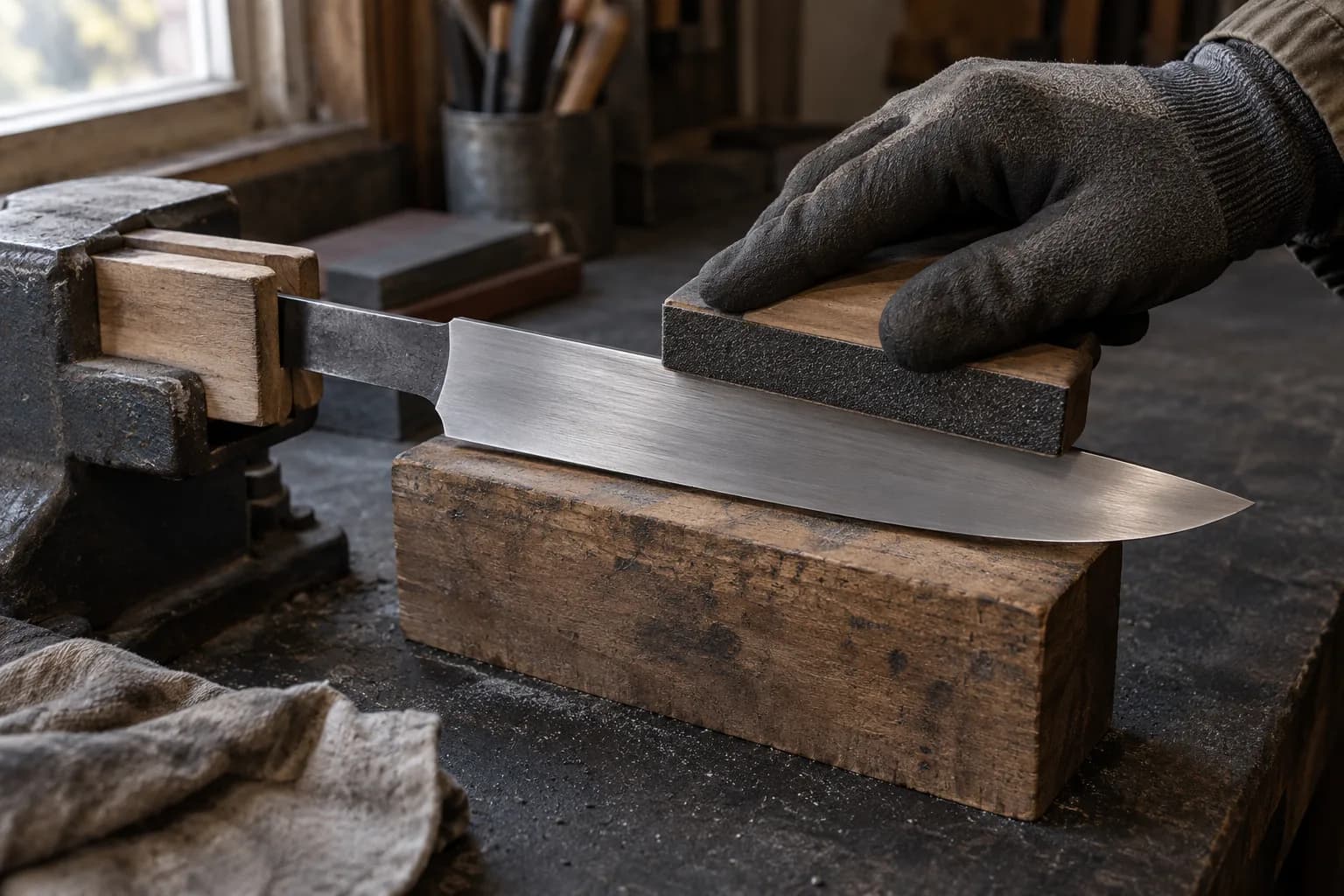 Gloved hand pulling an abrasive block along a knife blank clamped by the tang in a wood-lined vise, blade on a wooden block