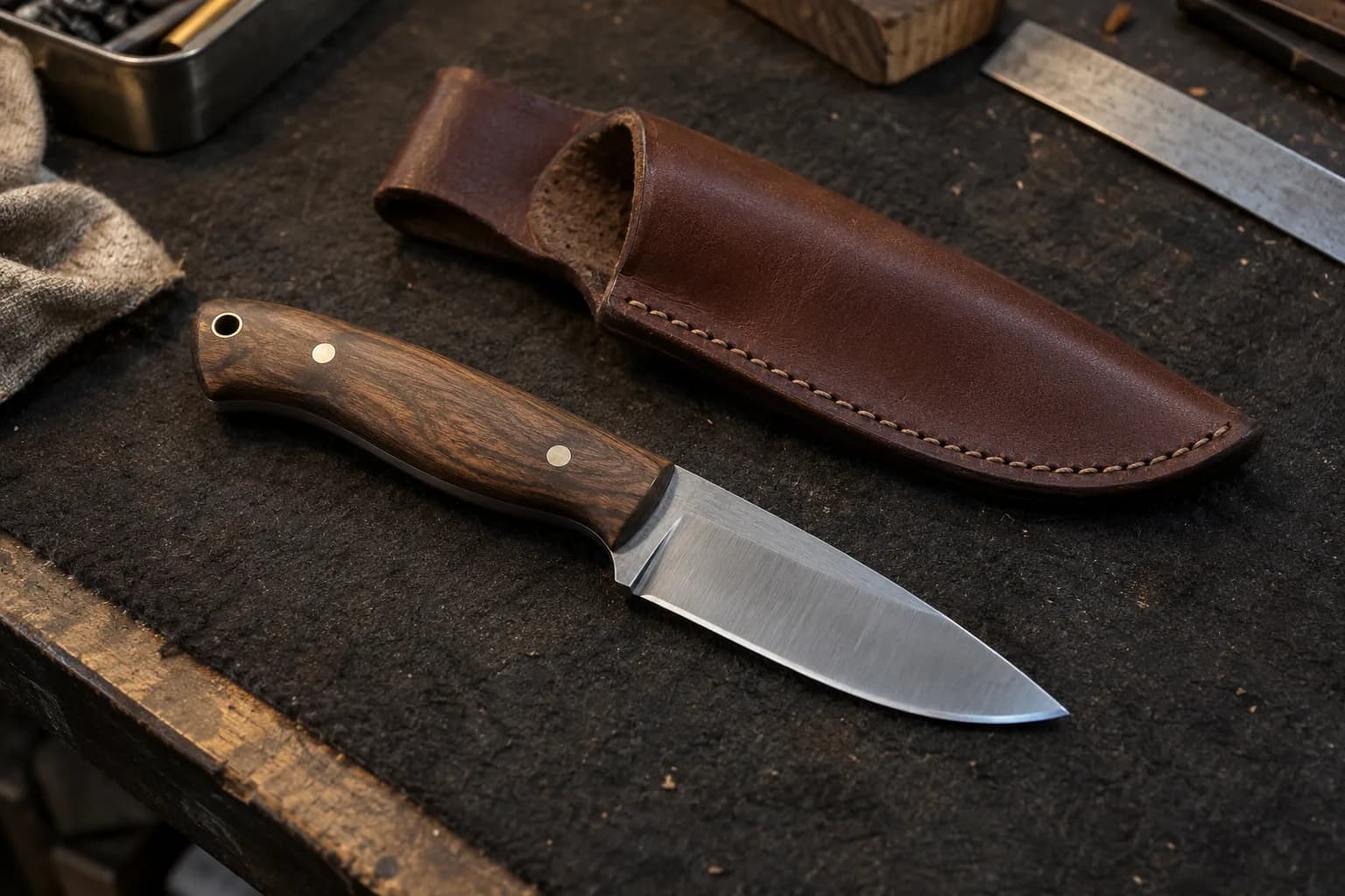Small drop-point hunting knife with a dark wood handle beside its empty brown leather sheath on a dark bench pad
