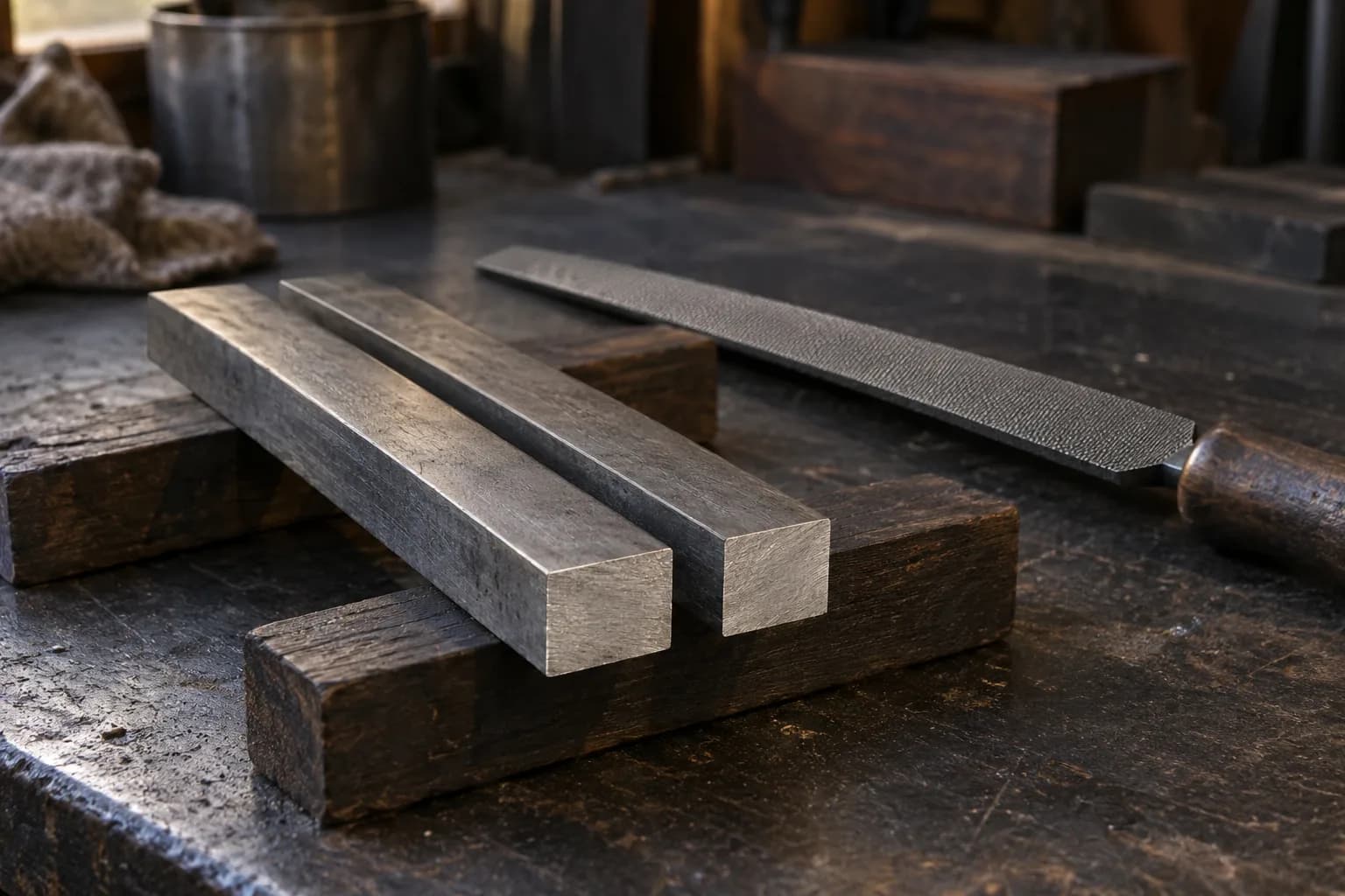 Two similar unmarked steel bars with clean cut ends resting on dark wooden battens in front of a hand file