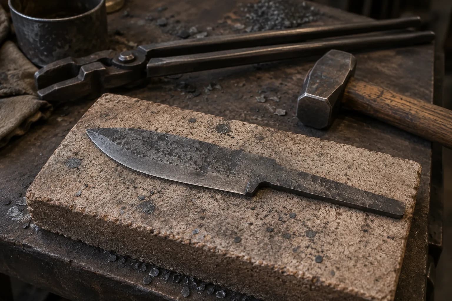 Cold forged knife blank with scaled surface on a firebrick, with long tongs and a hammer behind it.