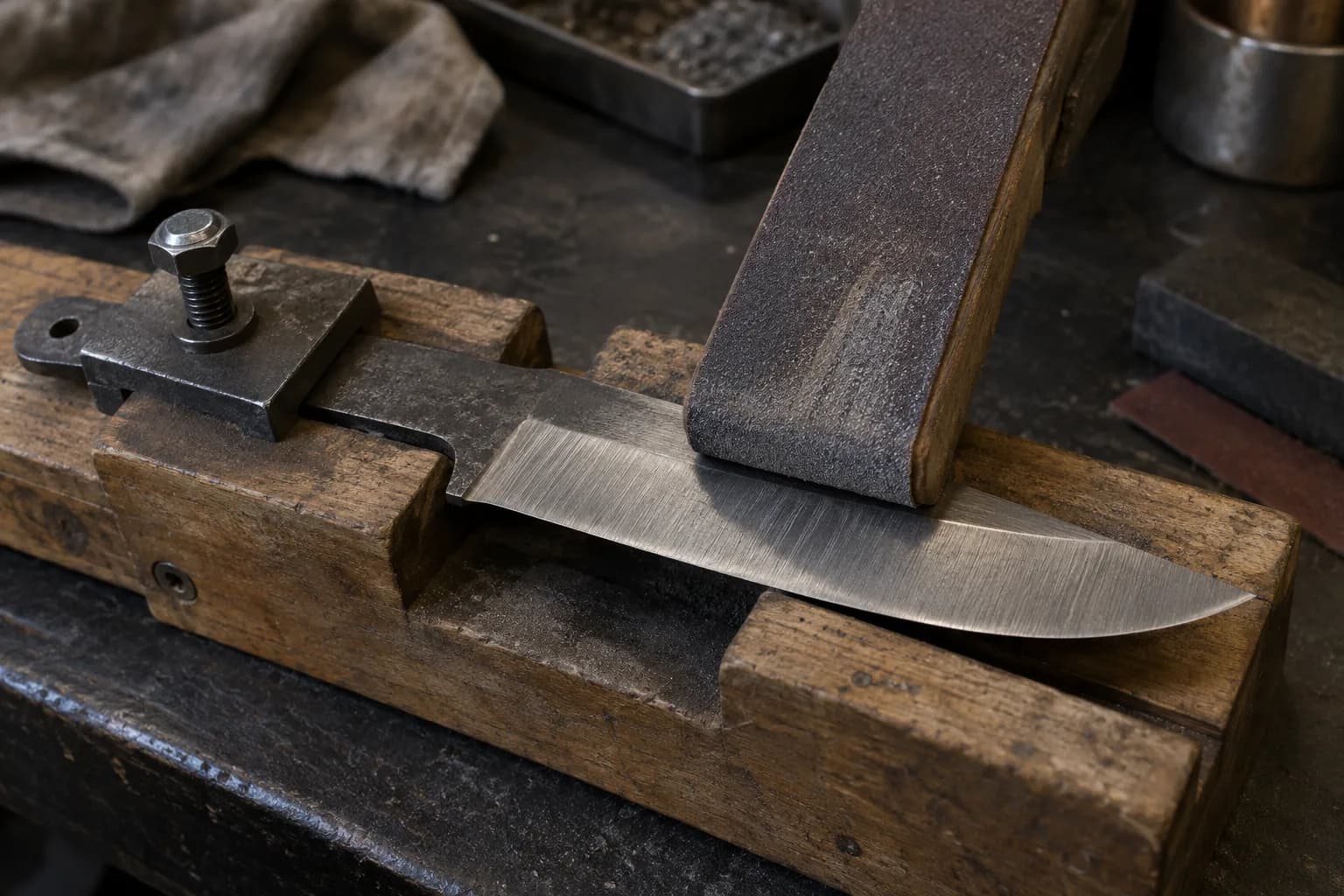 Hunting knife blank bolted tang-first to a wooden fixture, with an abrasive-wrapped sanding block on its bevel.