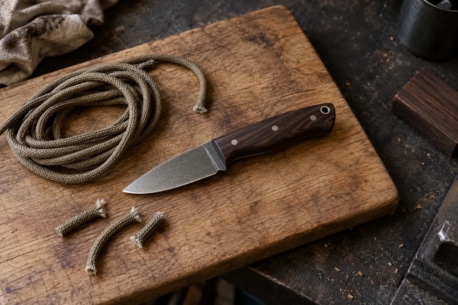 Finished utility knife with dark wood handle on a worn cutting board beside coiled cord and three cut cord pieces.