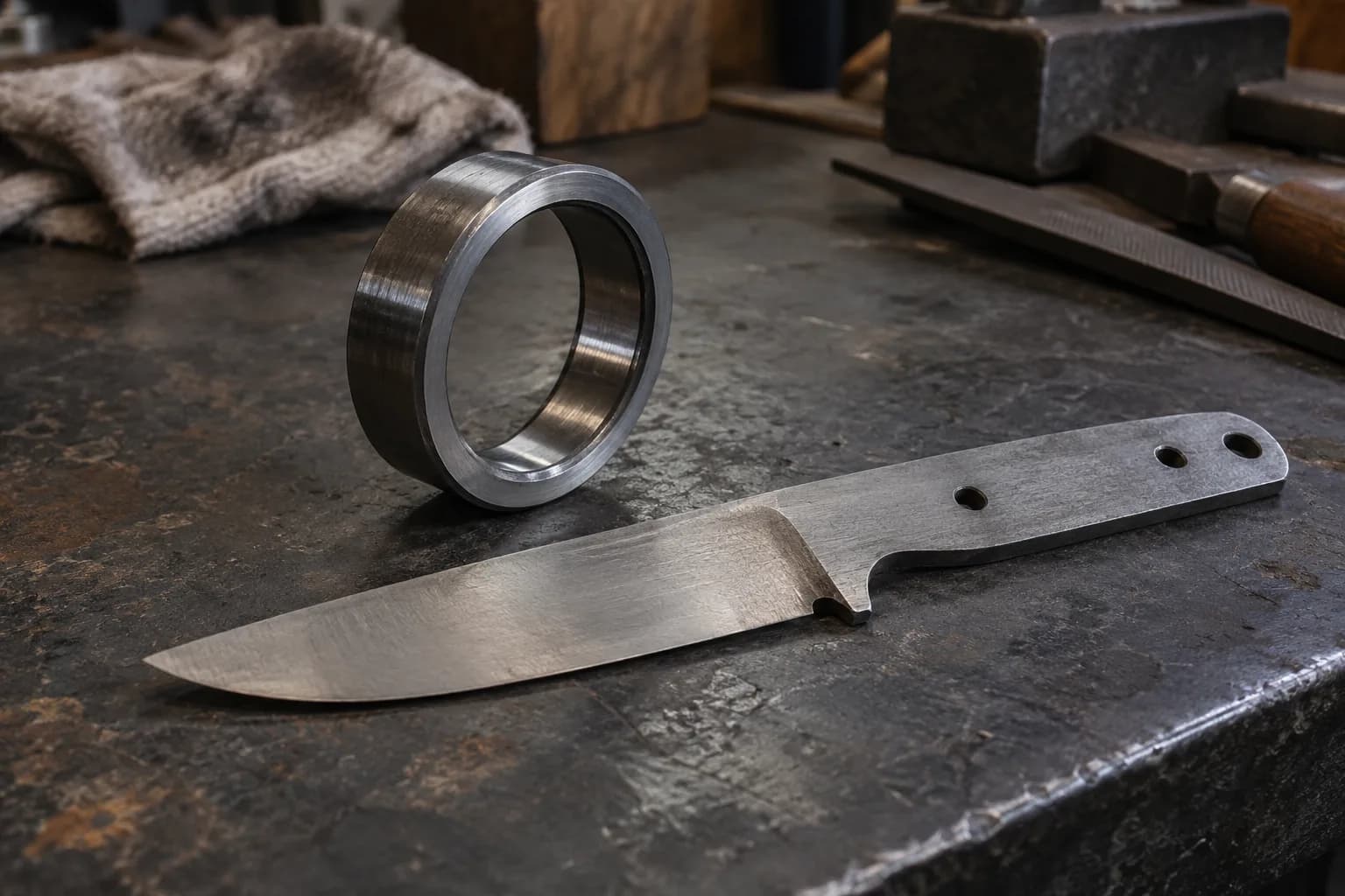 Unmarked steel bearing ring standing beside a bare knife blank with pin holes on a worn steel bench.