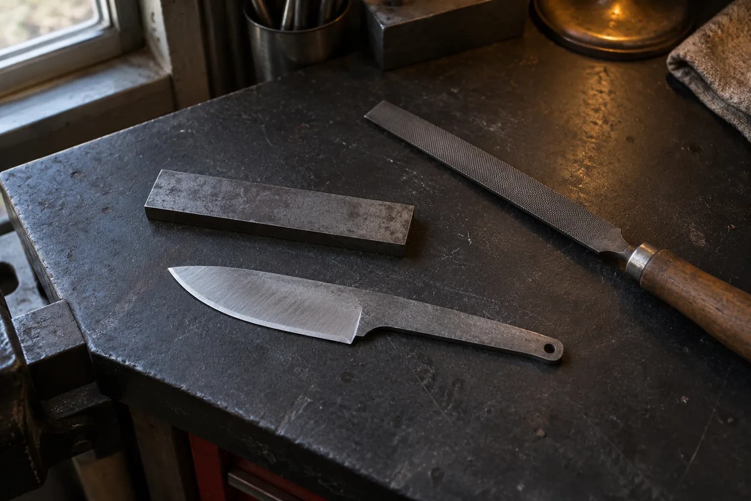 Drop-point knife blank beside a flat steel offcut and a wood-handled file on a dark steel workbench near a vise.