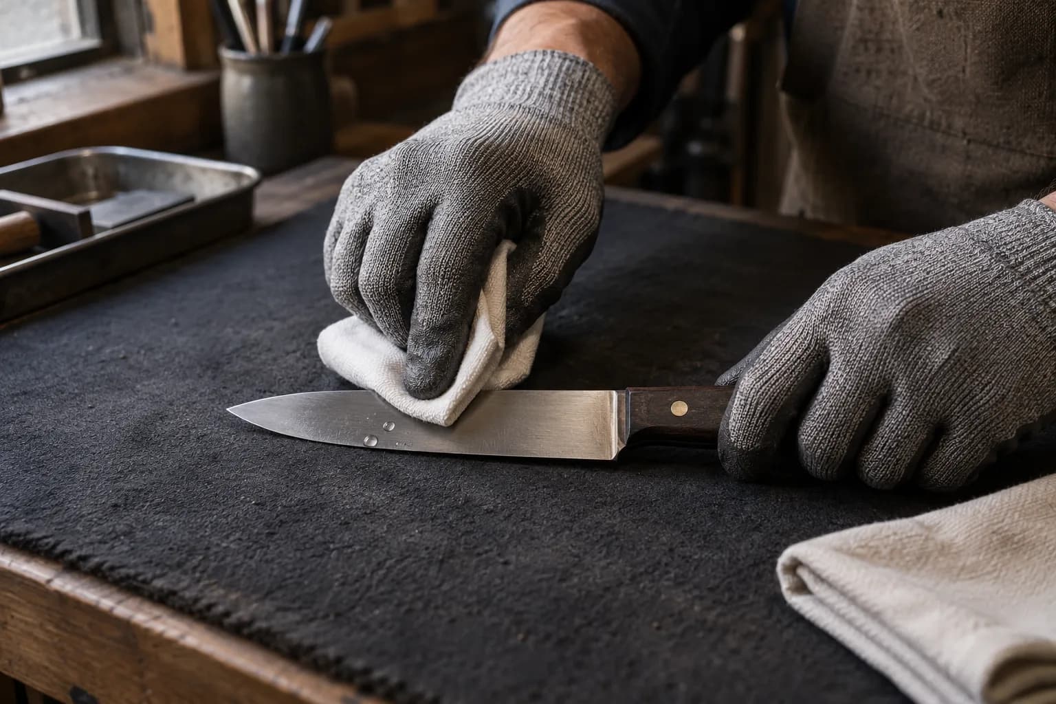 Gloved hand wiping water droplets off a knife blade with a white cloth on a dark padded bench, a folded cloth nearby.