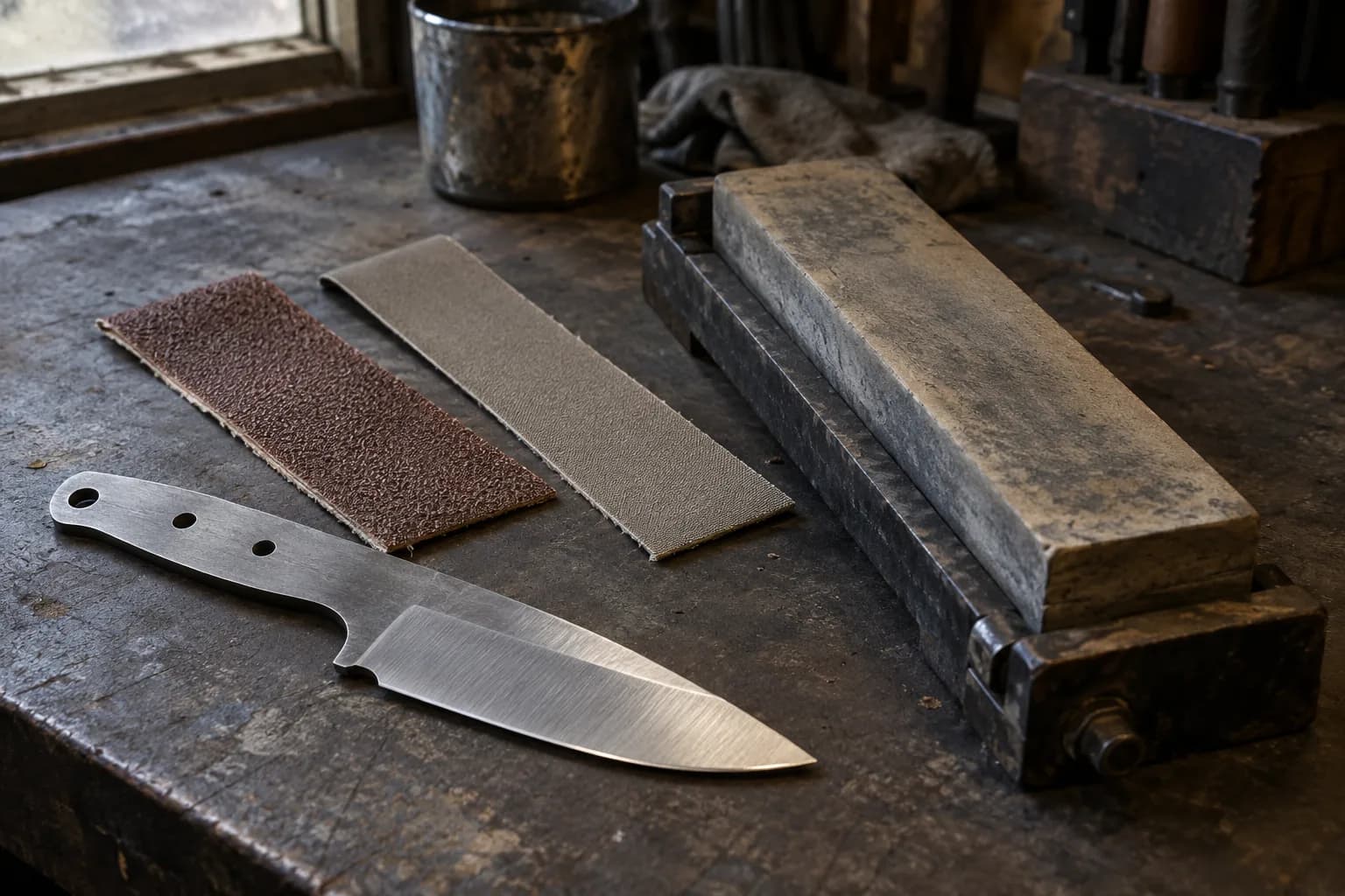 Satin knife blank beside a coarse brown and a fine grey abrasive strip and a used bench stone in an iron holder.