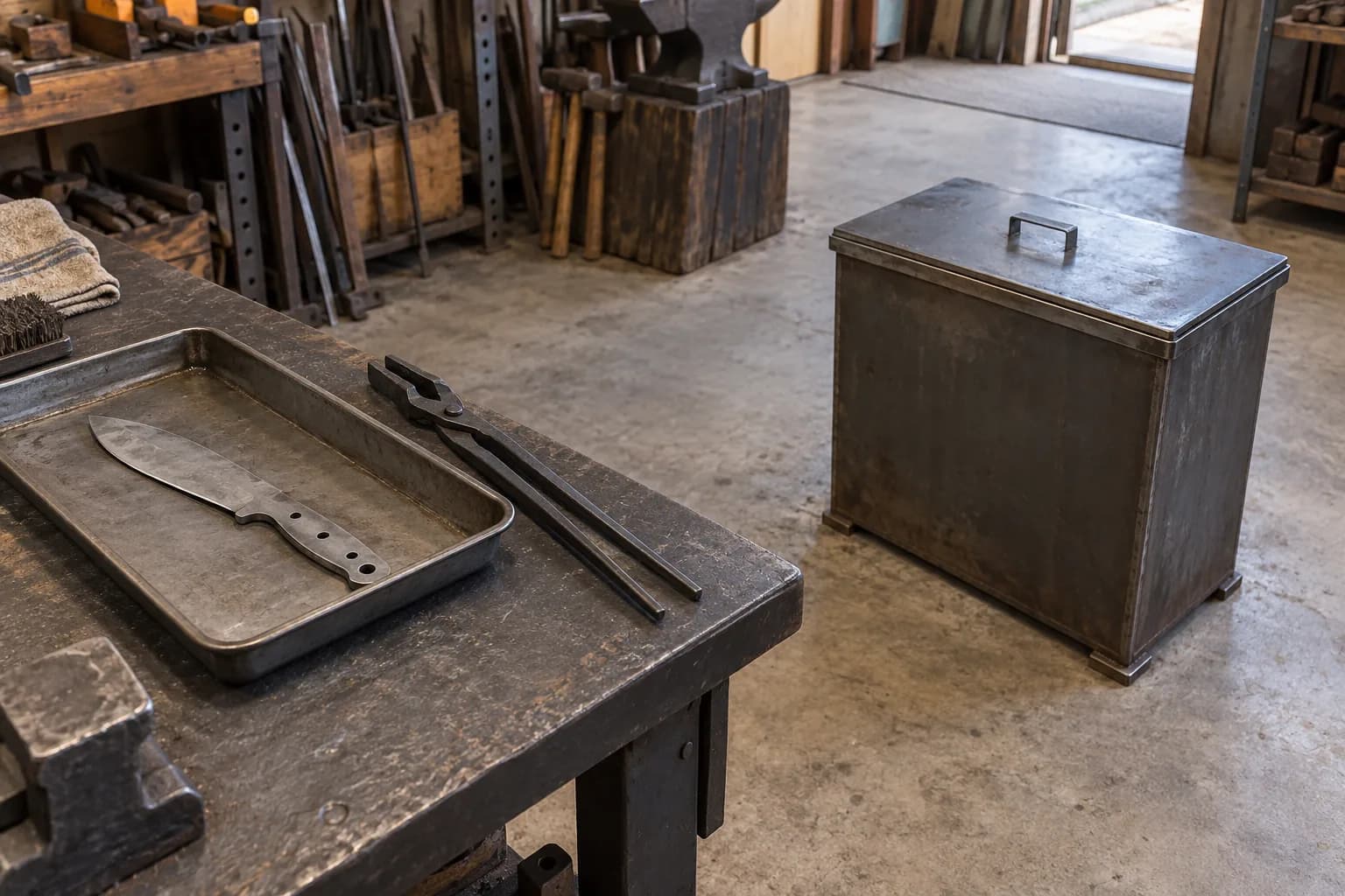 Closed steel oil-quench tank on a concrete floor beside a bench holding a cold knife blank in a tray and long tongs.
