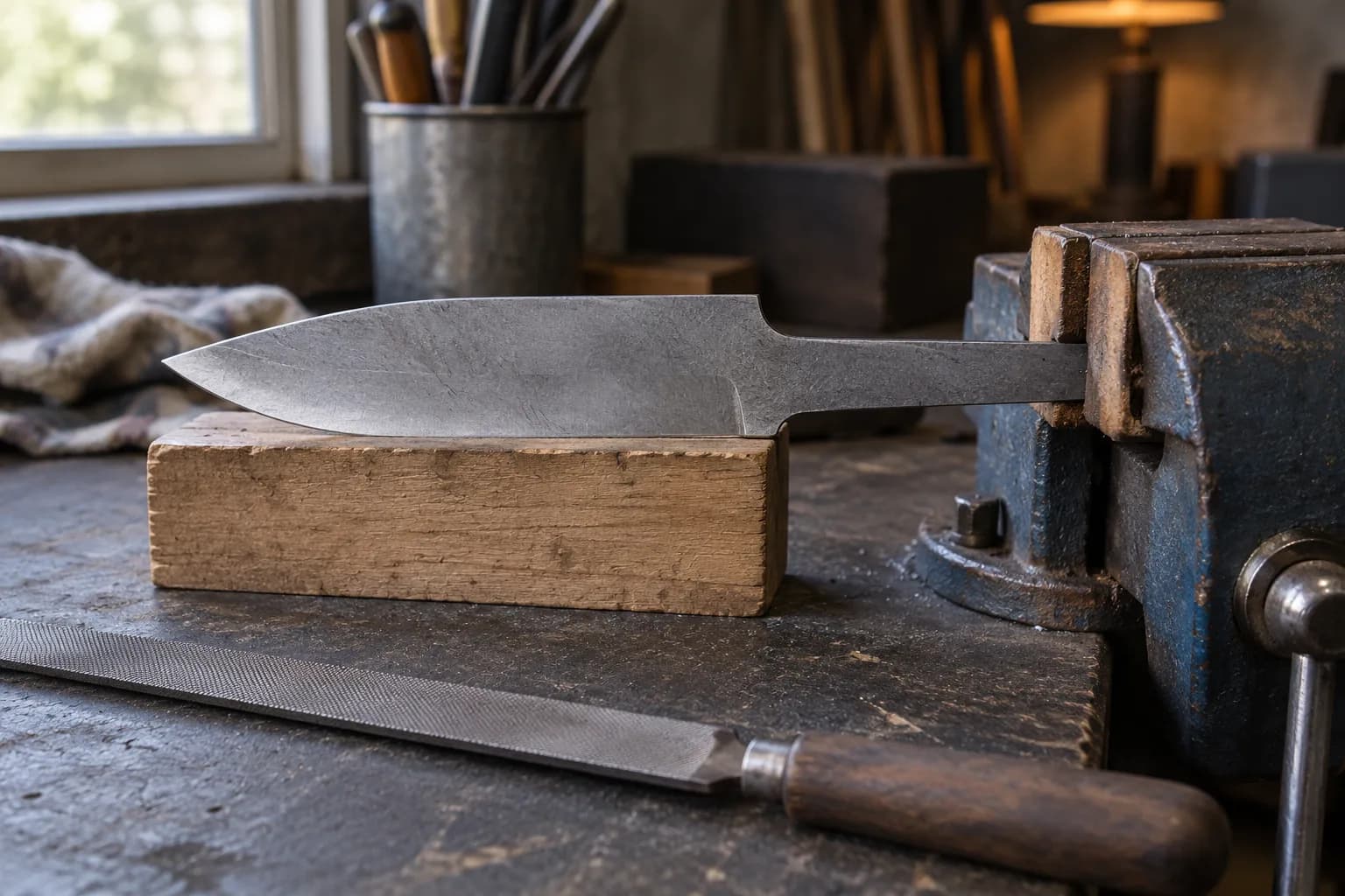 Plain knife blank gripped by its tang in a wood-padded bench vise, blade resting on a wooden block beside an idle file.