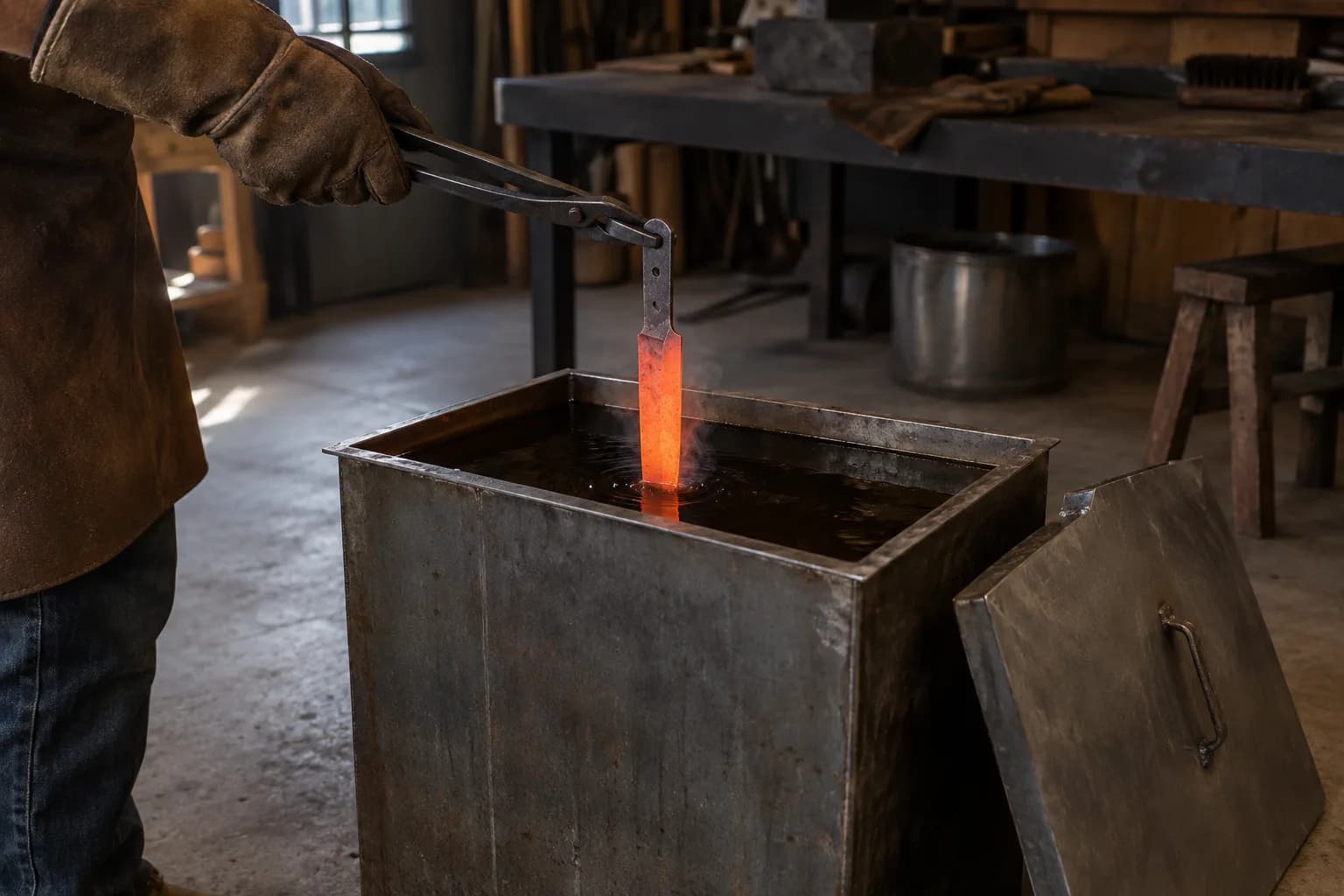 Glowing orange blade blank lowered point-first into a dark oil tank on long tongs held by a gloved hand, lid nearby.