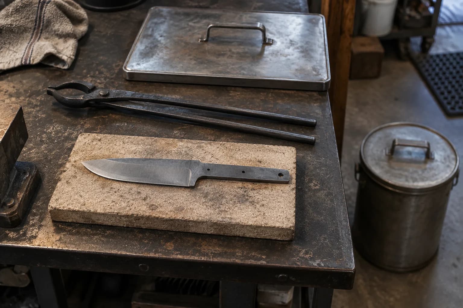 Cold knife blank on a refractory board with long tongs and a steel tank lid on a dark bench, closed tank on the floor.
