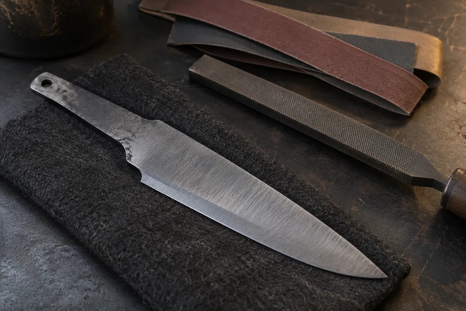 Satin carbon-steel blade blank lying flat on black felt beside a handled file and folded abrasive strips.