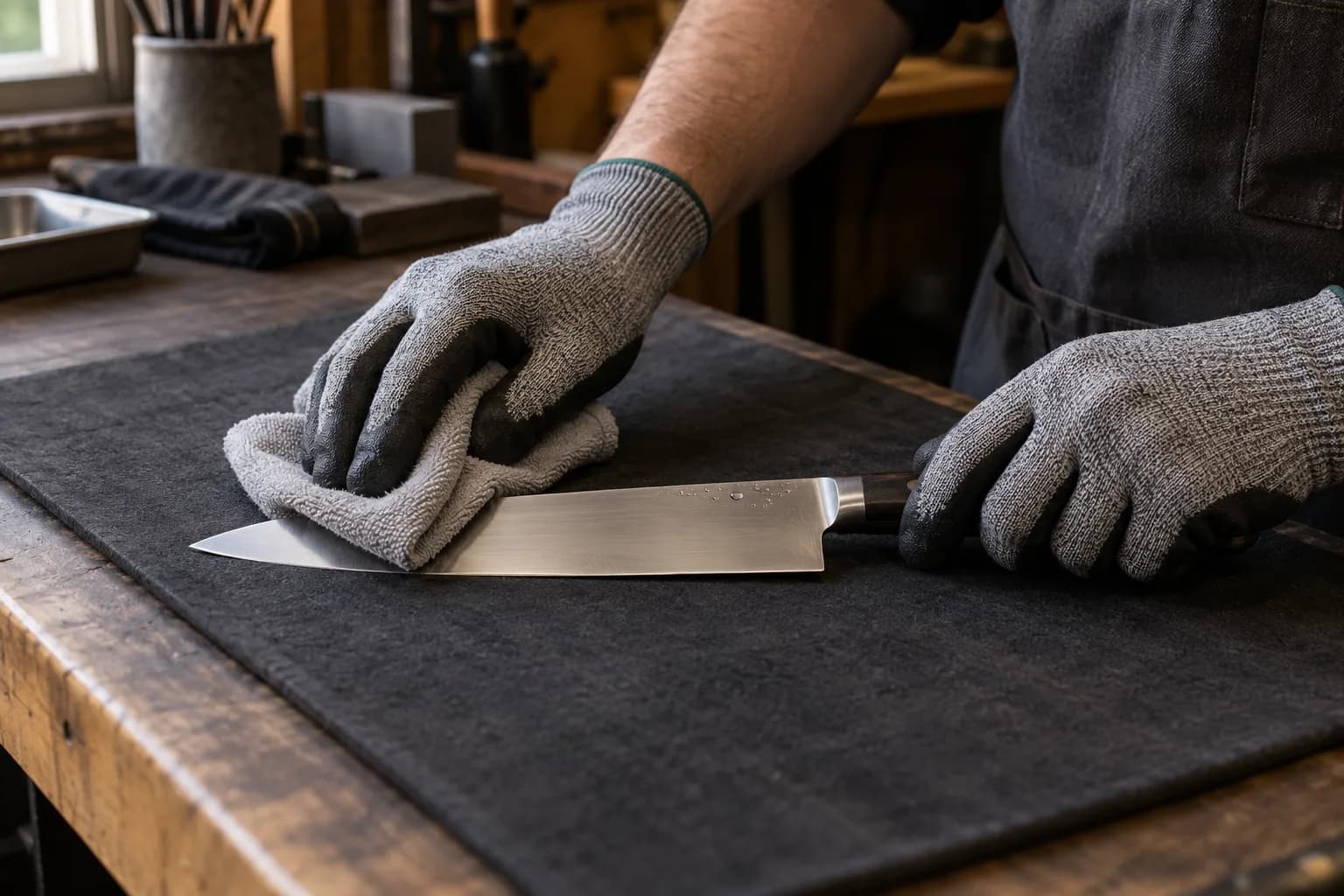Gloved hands wipe a chef knife dry with a grey towel on a dark bench mat, a few water droplets left on the blade.