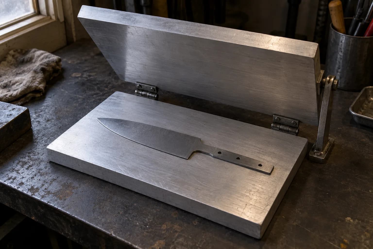 Cold chef-knife blank resting on a lower aluminum plate with the hinged upper plate propped open above it.