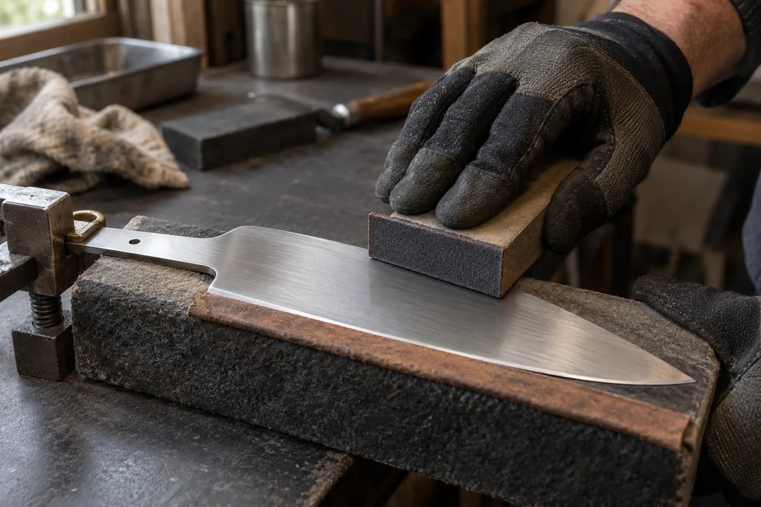 Gloved hand pushes a flat abrasive block along a clamped stainless blade face on a padded support, leaving even scratches.