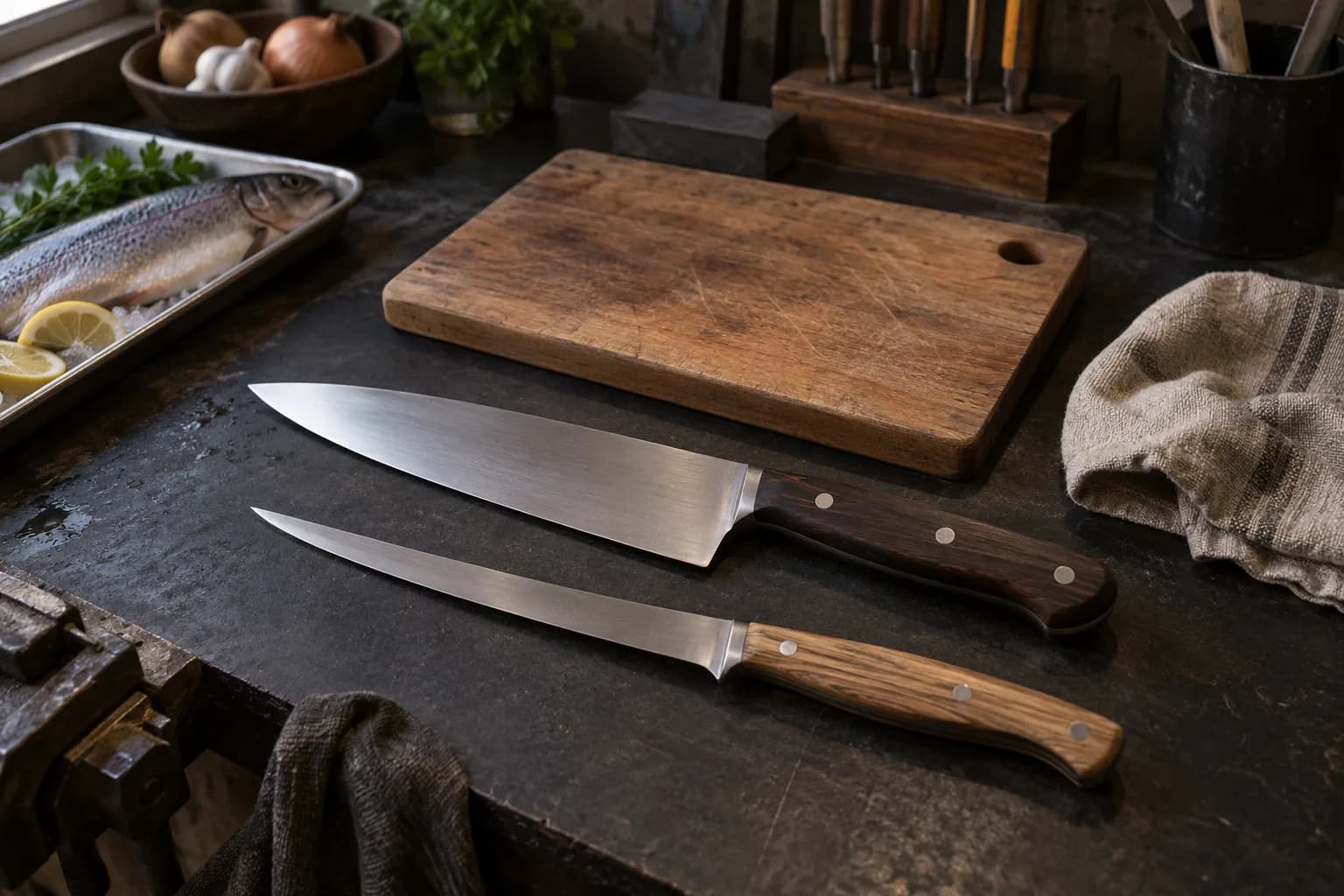 Chef knife and slender fillet knife with pinned wood handles lying flat beside a cutting board, towel and tray of fish.