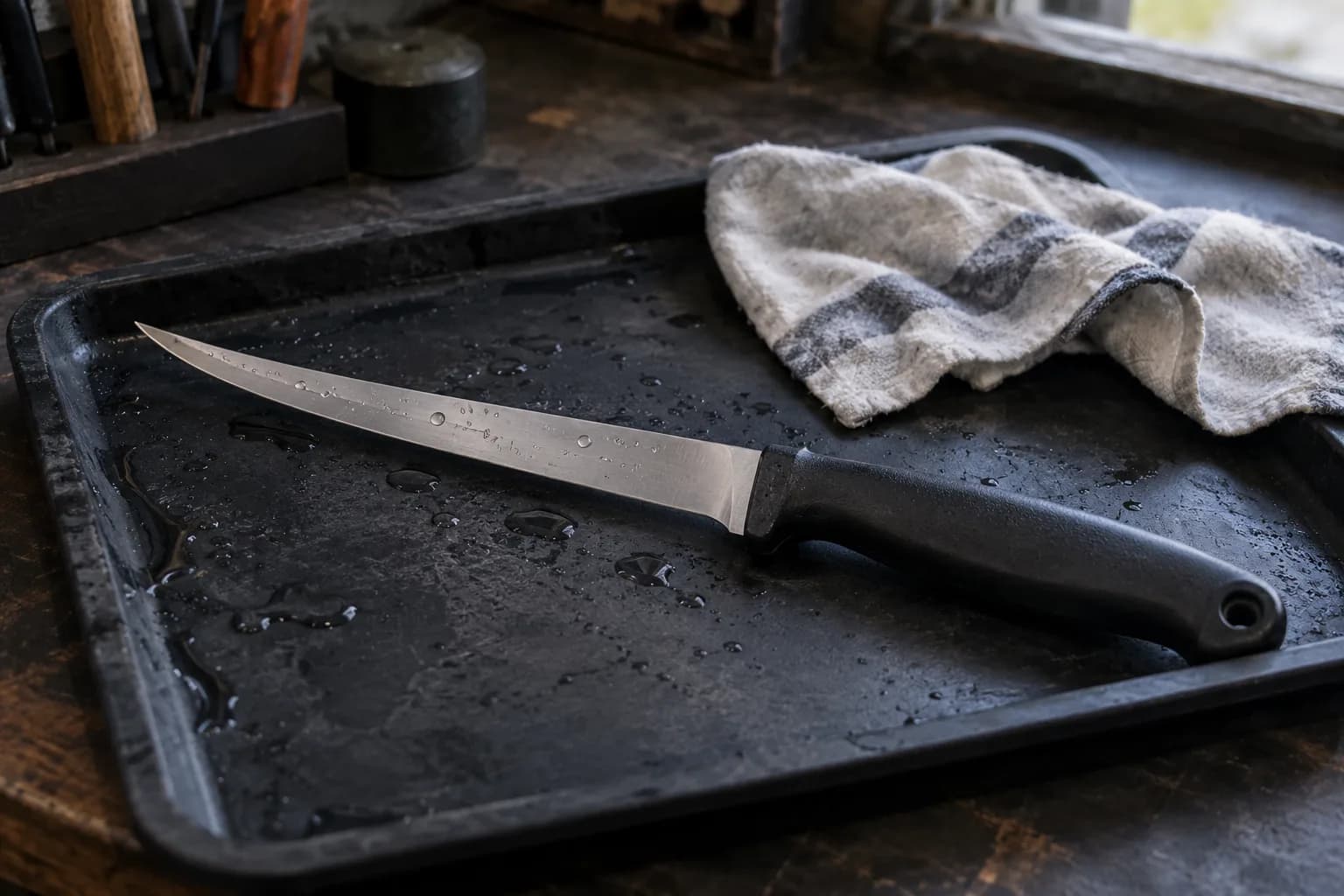 Slender fillet knife with black synthetic handle on a dark tray with water droplets, beside a damp striped cloth.