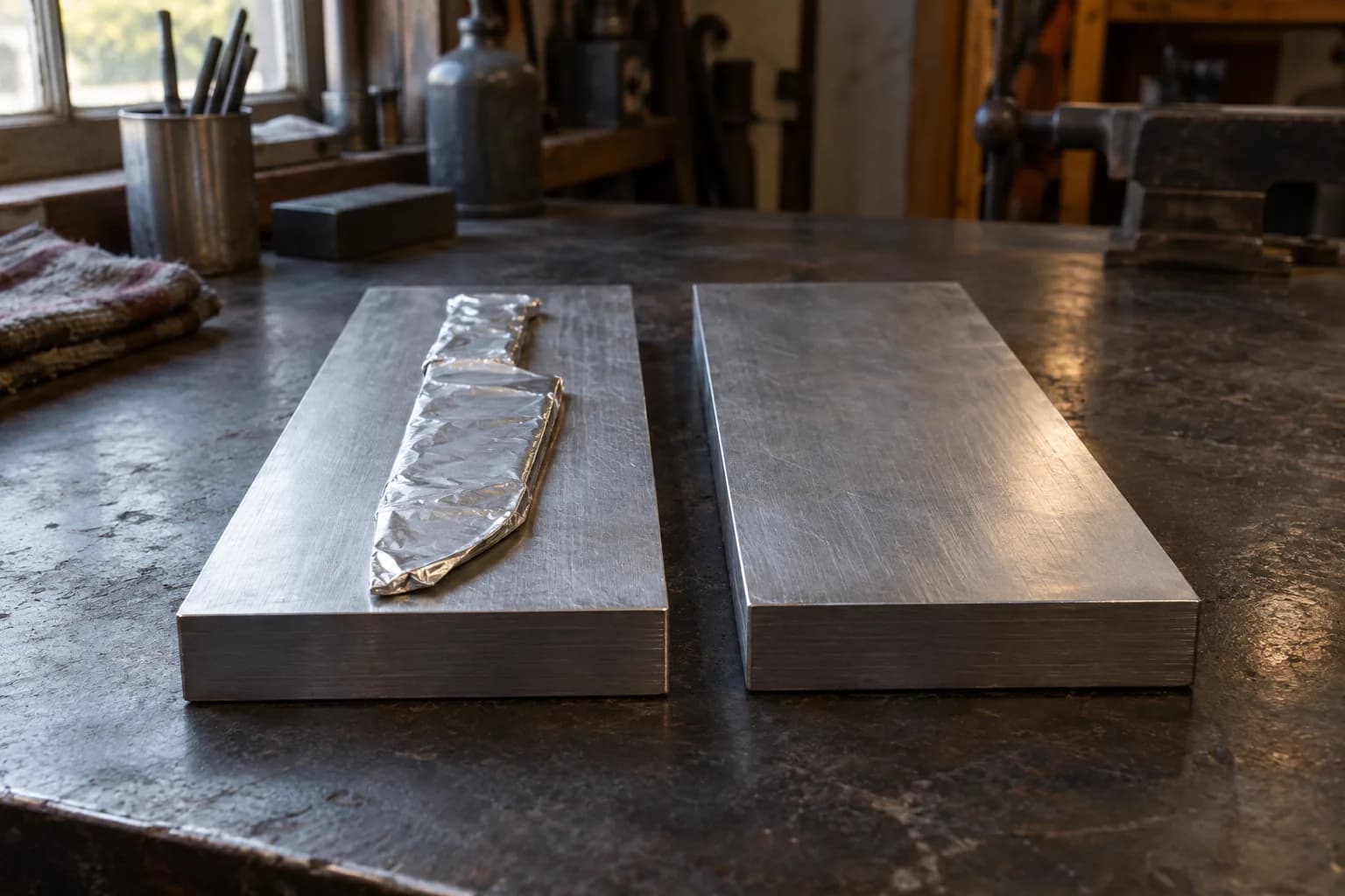 Foil-wrapped blade packet lying on a thick aluminum plate, with a matching plate beside it on a dark steel bench.