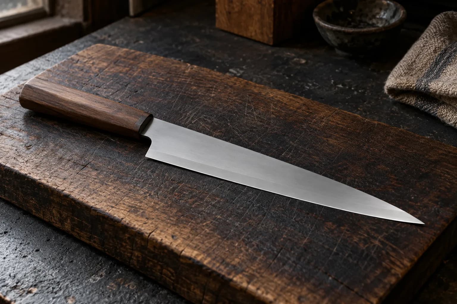 Thin kitchen slicer with wooden handle lying on a dark wooden board, its shallow grind and edge bevel catching window light.