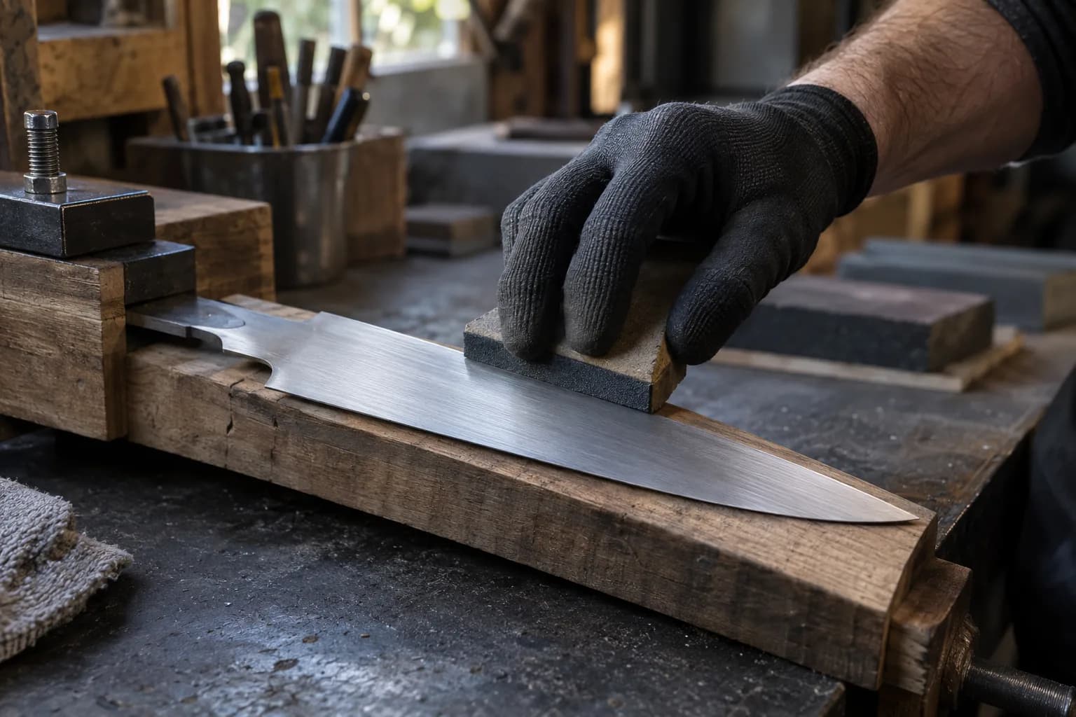Gloved hand sanding a stainless knife blank lengthwise with an abrasive block, the blade clamped on a wooden fixture.