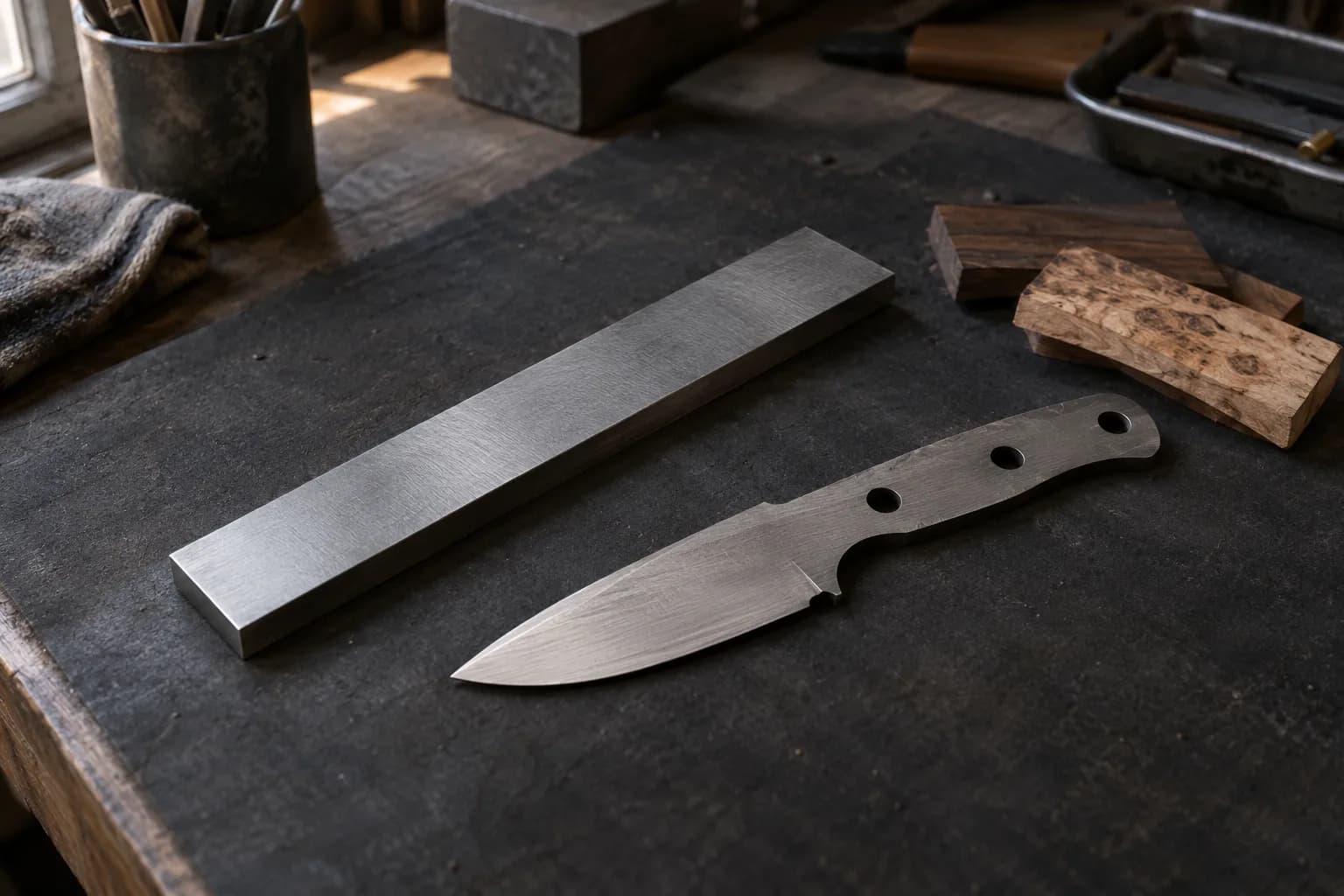 Knife-sized steel flat beside a drop-point knife blank with three pin holes on a dark mat, with handle scale offcuts.