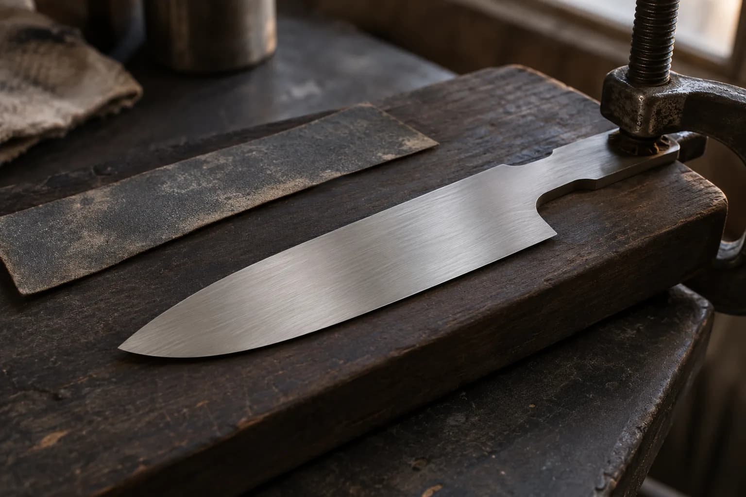 Satin-finished stainless knife blank clamped by its tang to a dark wooden board beside a worn abrasive strip.