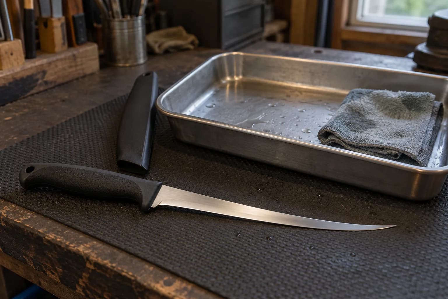 Fillet knife with black handle and plain sheath on a rubber mat beside a steel tray holding a damp folded cloth.