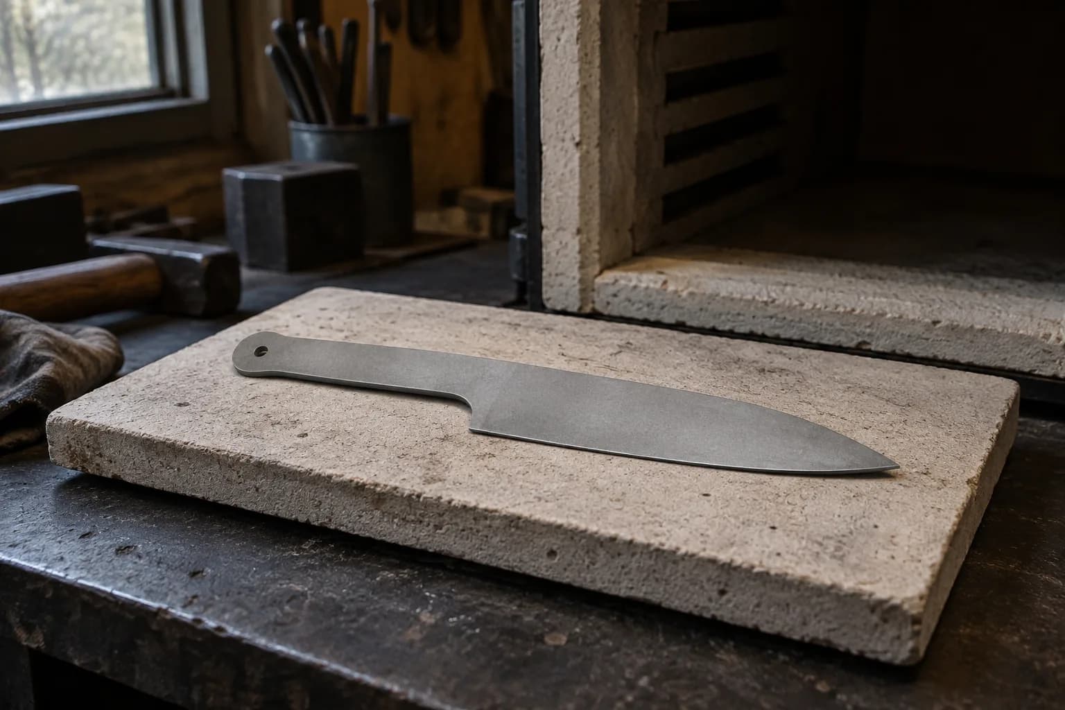 Cold matte gray knife blank lying flat on a thick refractory slab on a dark bench beside an unlit kiln opening.