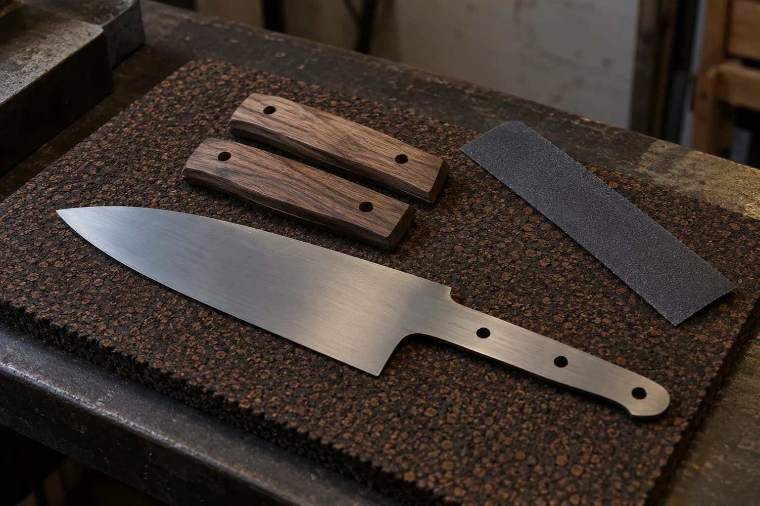 Plain stainless kitchen knife blank beside two walnut handle scales and a sandpaper strip on a cork pad.