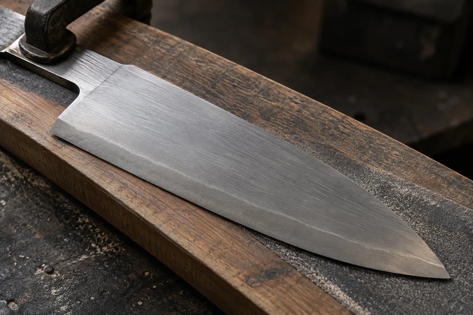 Clad kitchen blade clamped on a wooden board, lengthwise sanding scratches and one wavy cladding line above the edge.