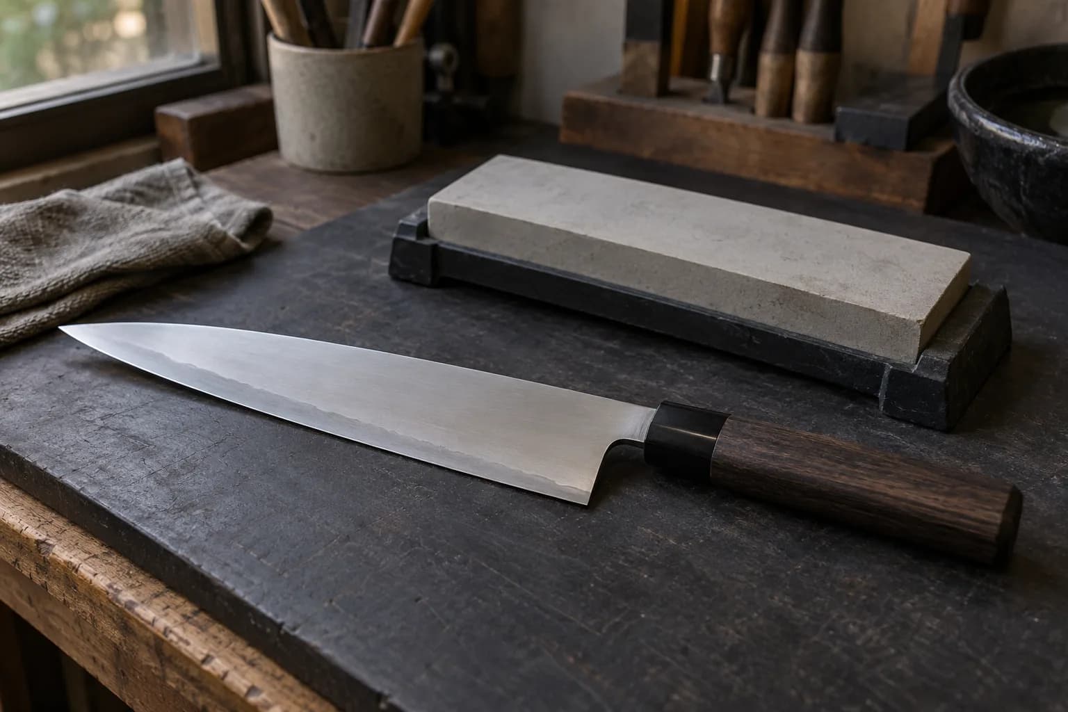 Long clad kitchen slicer with a dark wood handle lying on a worn bench beside a pale whetstone in a black holder