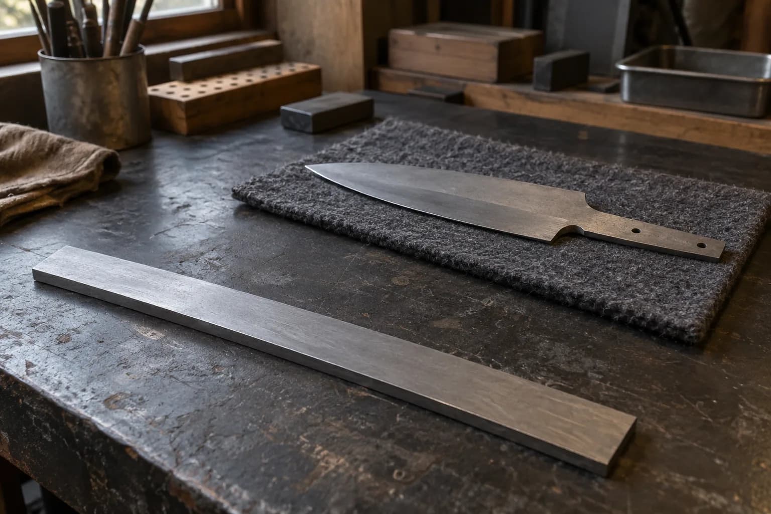 Thin gray steel flat bar on a scarred bench with a pre-hardened kitchen knife blank lying on a dark wool pad behind it