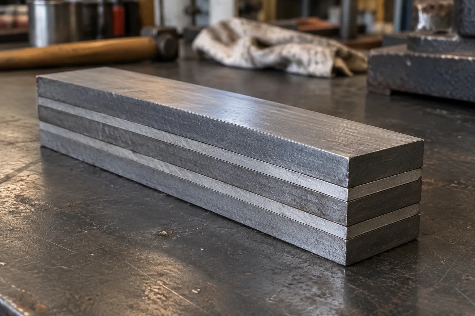 Five flat steel strips stacked on a dark bench, thick dark layers alternating with thinner bright ones, ends squared.