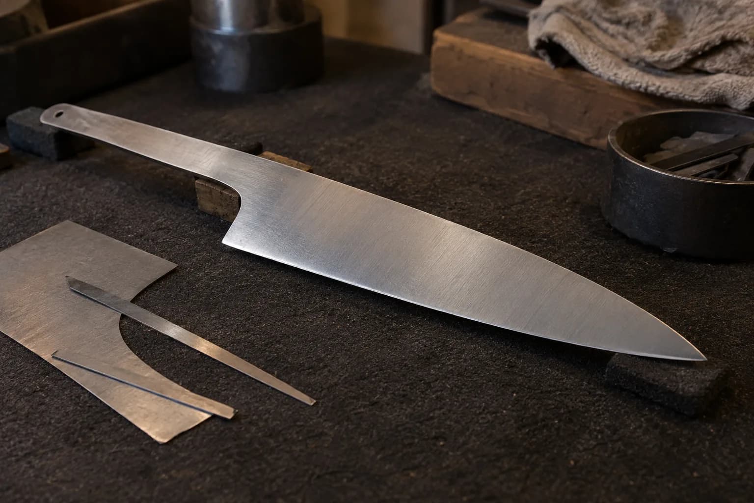 Thin plain kitchen blade with integral tang resting flat on small blocks beside a sheet-steel offcut and strips.