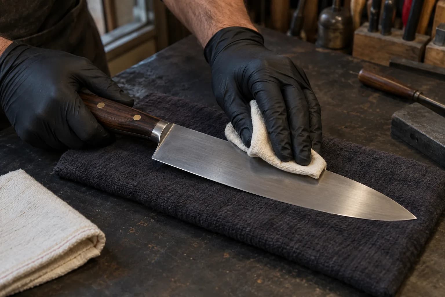 Gloved hands wiping a cloth along the flat of a wood-handled chef's knife on a dark towel, dry cloth nearby.