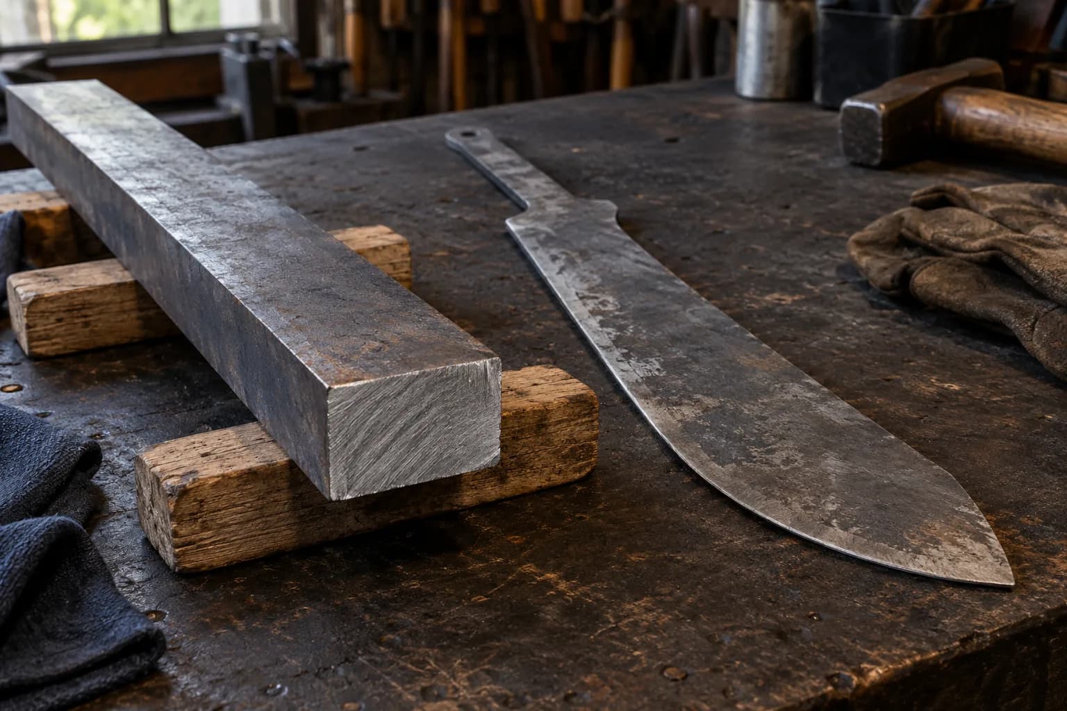 Thick steel flat on wooden battens, cut end forward, beside a rough machete blank lying flat on a dark bench.