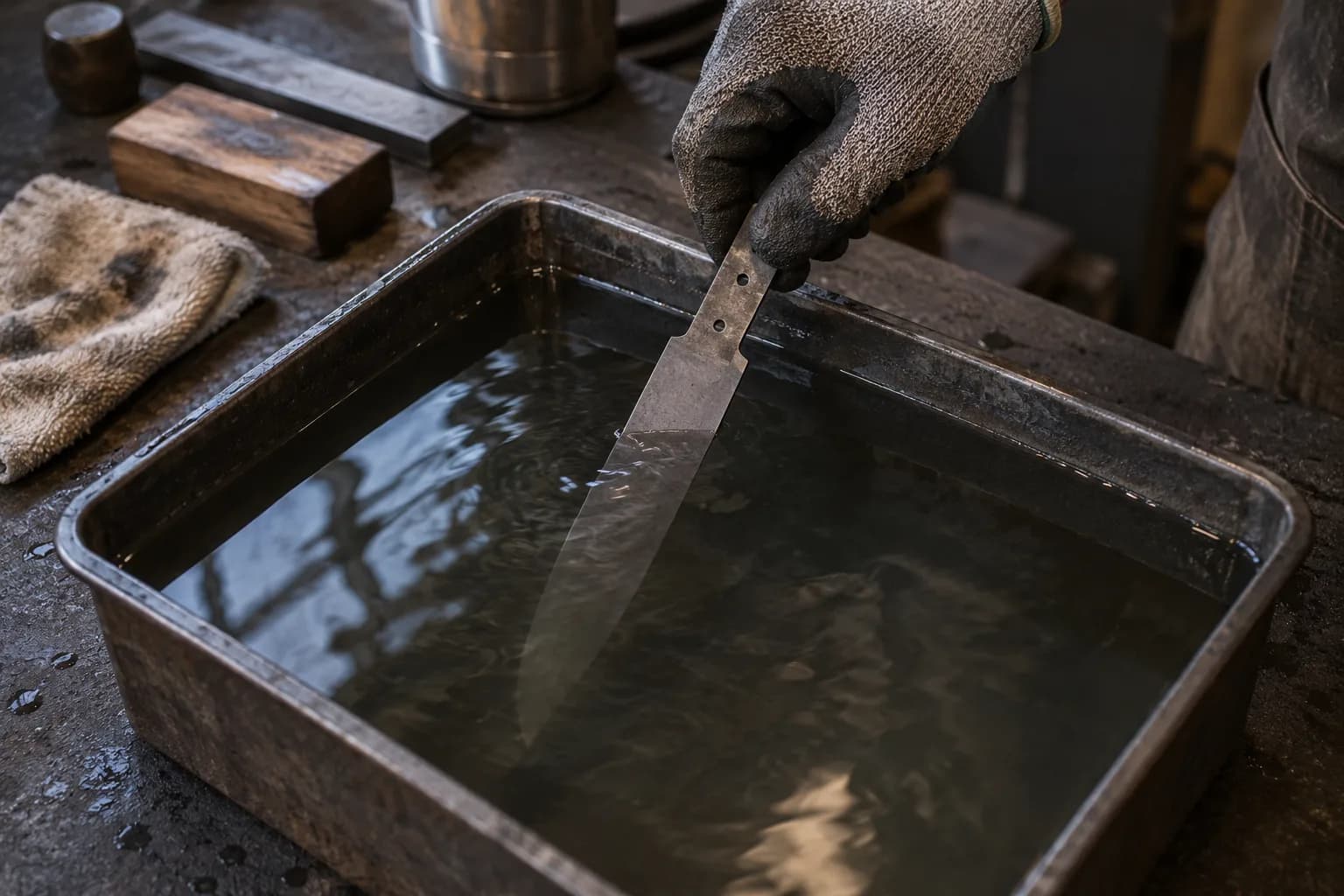 Gloved hand holding a thin knife blank by its tang, blade submerged in a steel water tray on a dark bench.