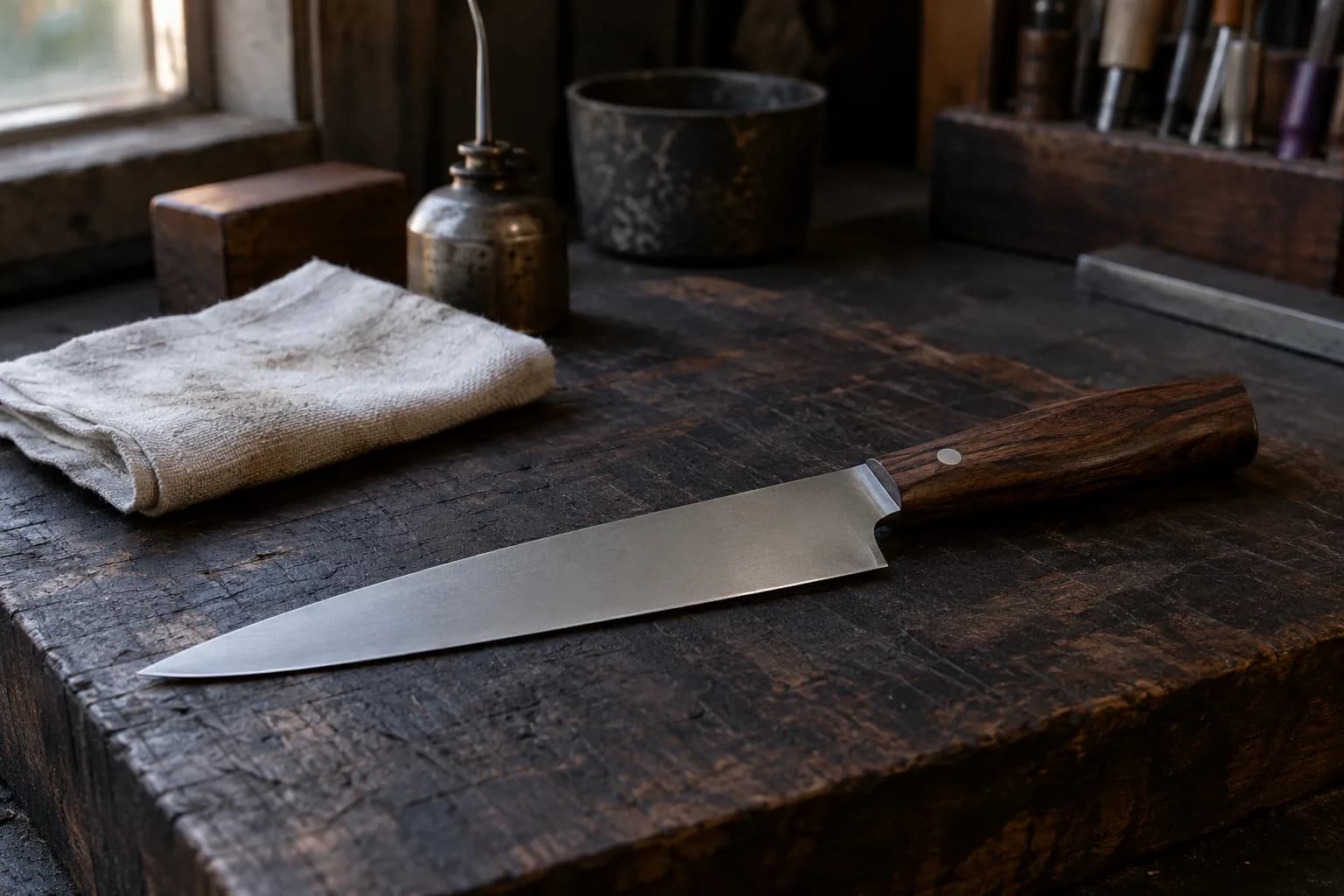 Thin satin-finished slicer with a dark wood handle lying on a charred wooden board beside a folded cloth and oil can.
