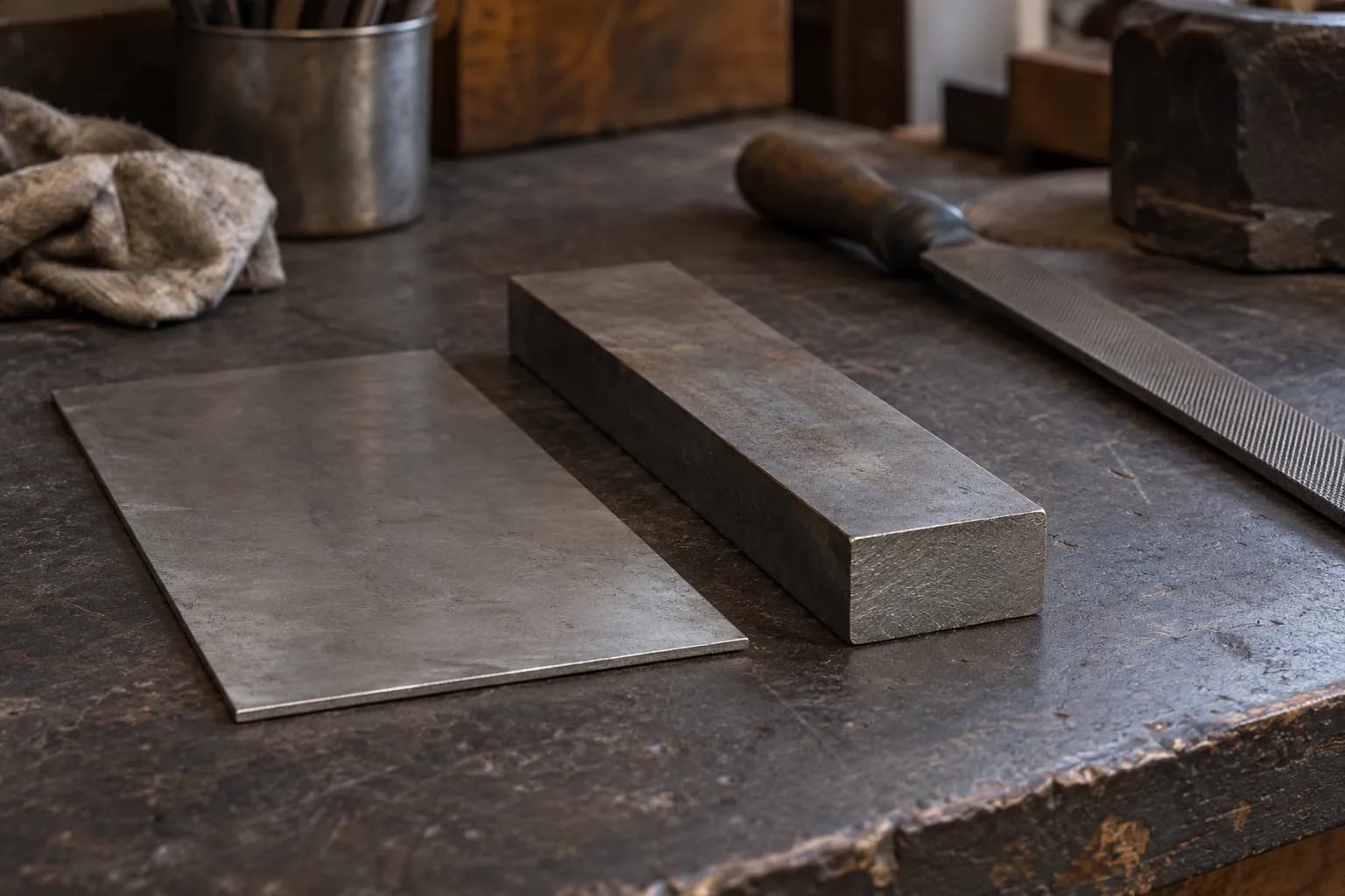 Thin steel sheet offcut beside a thicker steel bar on a worn bench, cut edges toward the camera, with a file behind.