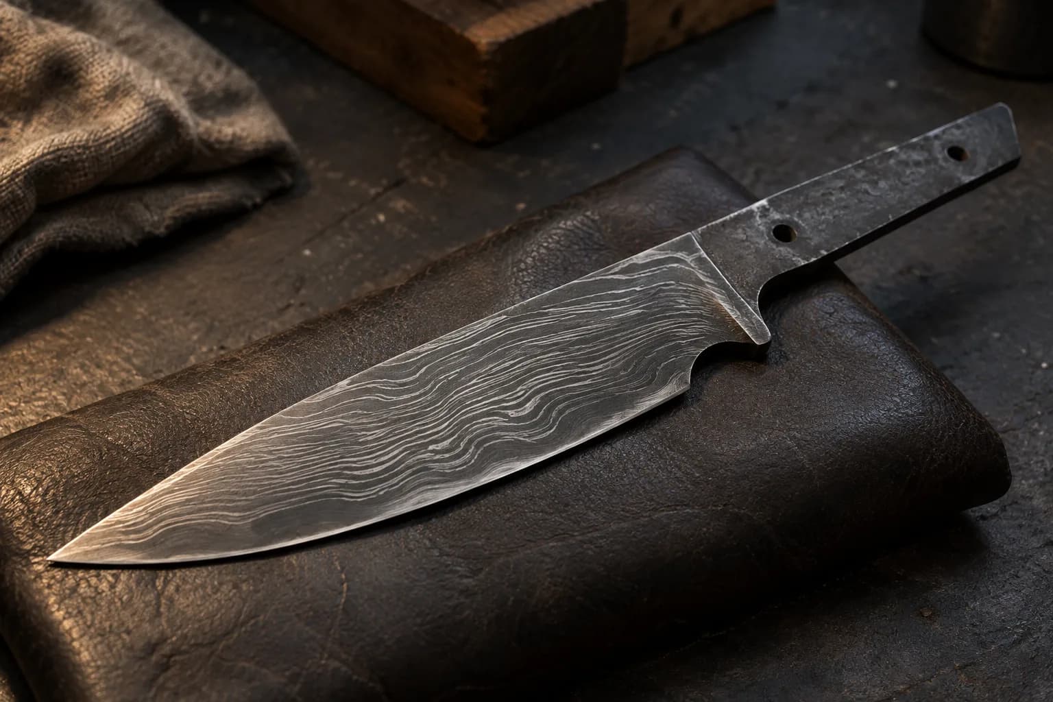 Etched pattern-welded knife blade with bright and dark wavy layers lying flat on a worn dark leather pad.